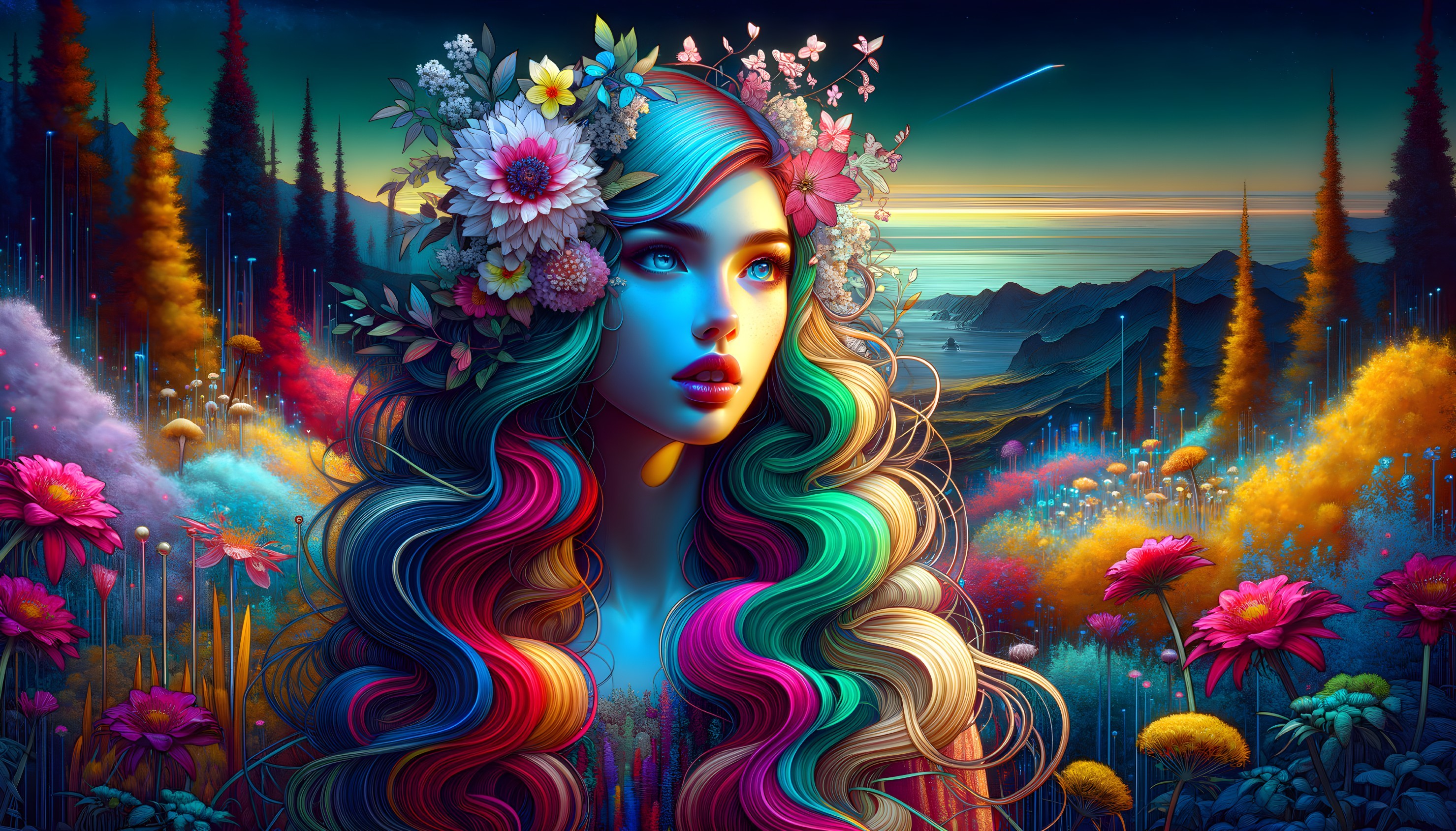 Vibrant Digital Art of Woman with Multicolored Hair