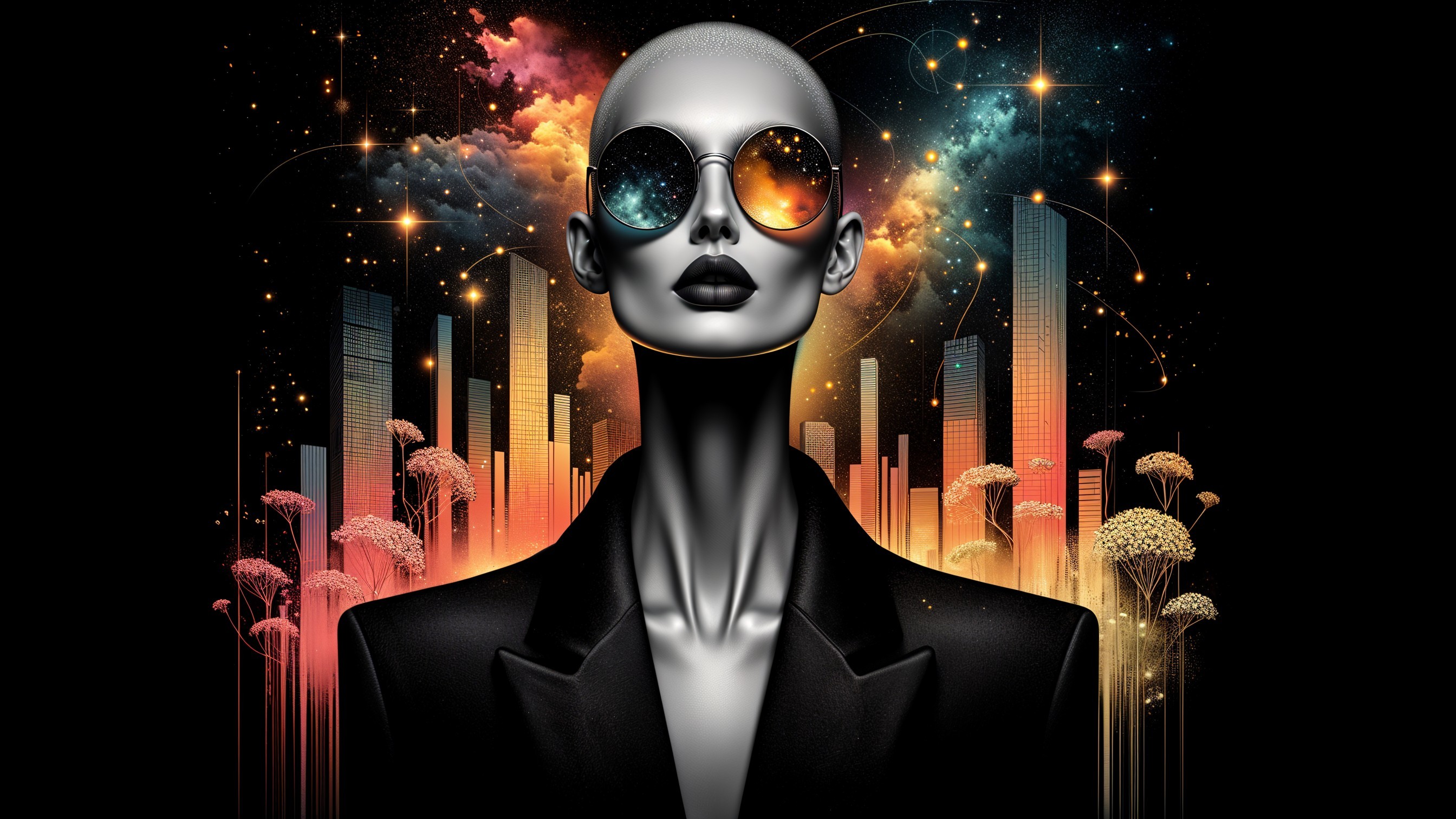 Futuristic figure with cosmic sunglasses in city skyline