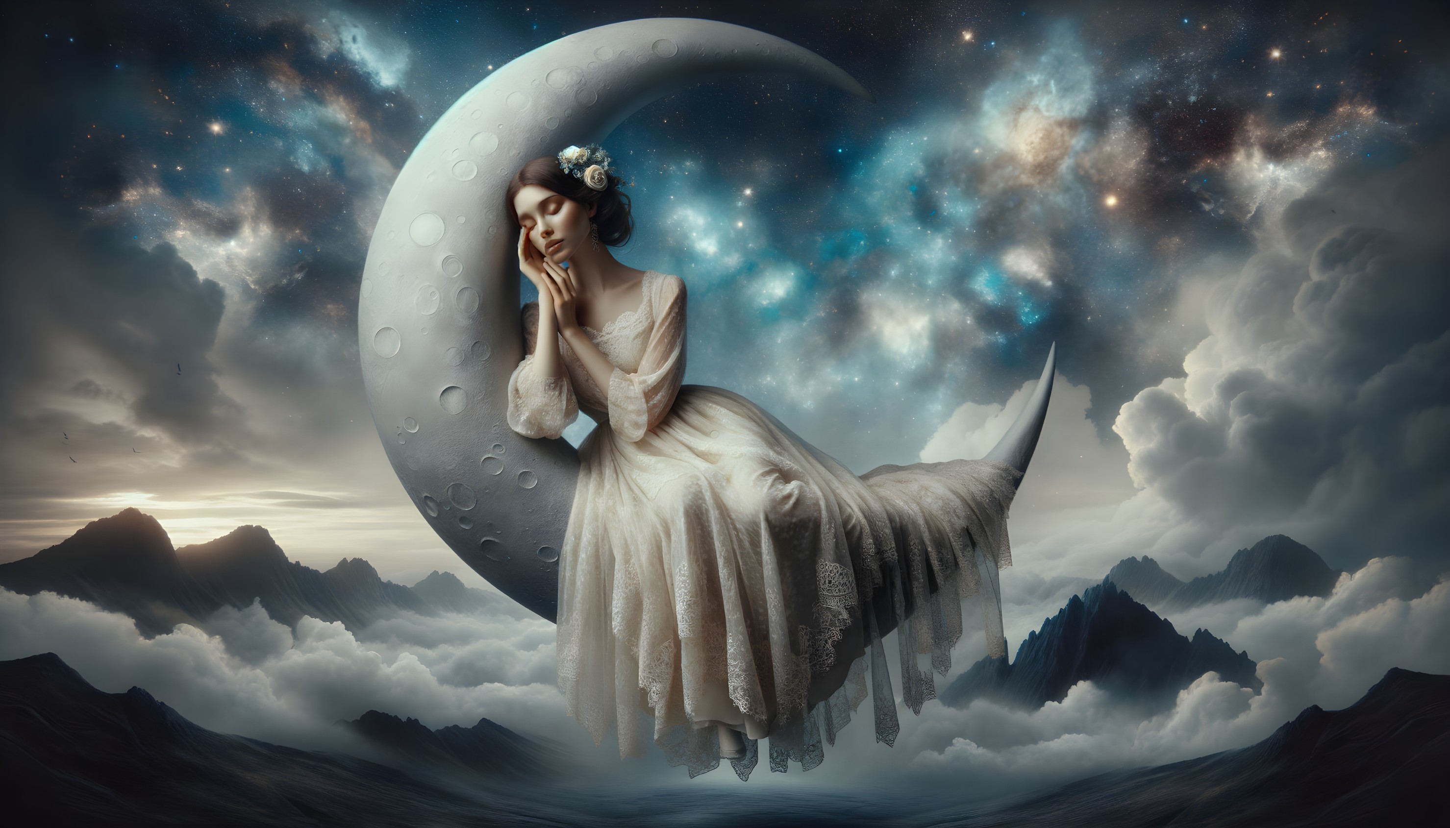 Serene Figure on Crescent Moon in Starry Sky