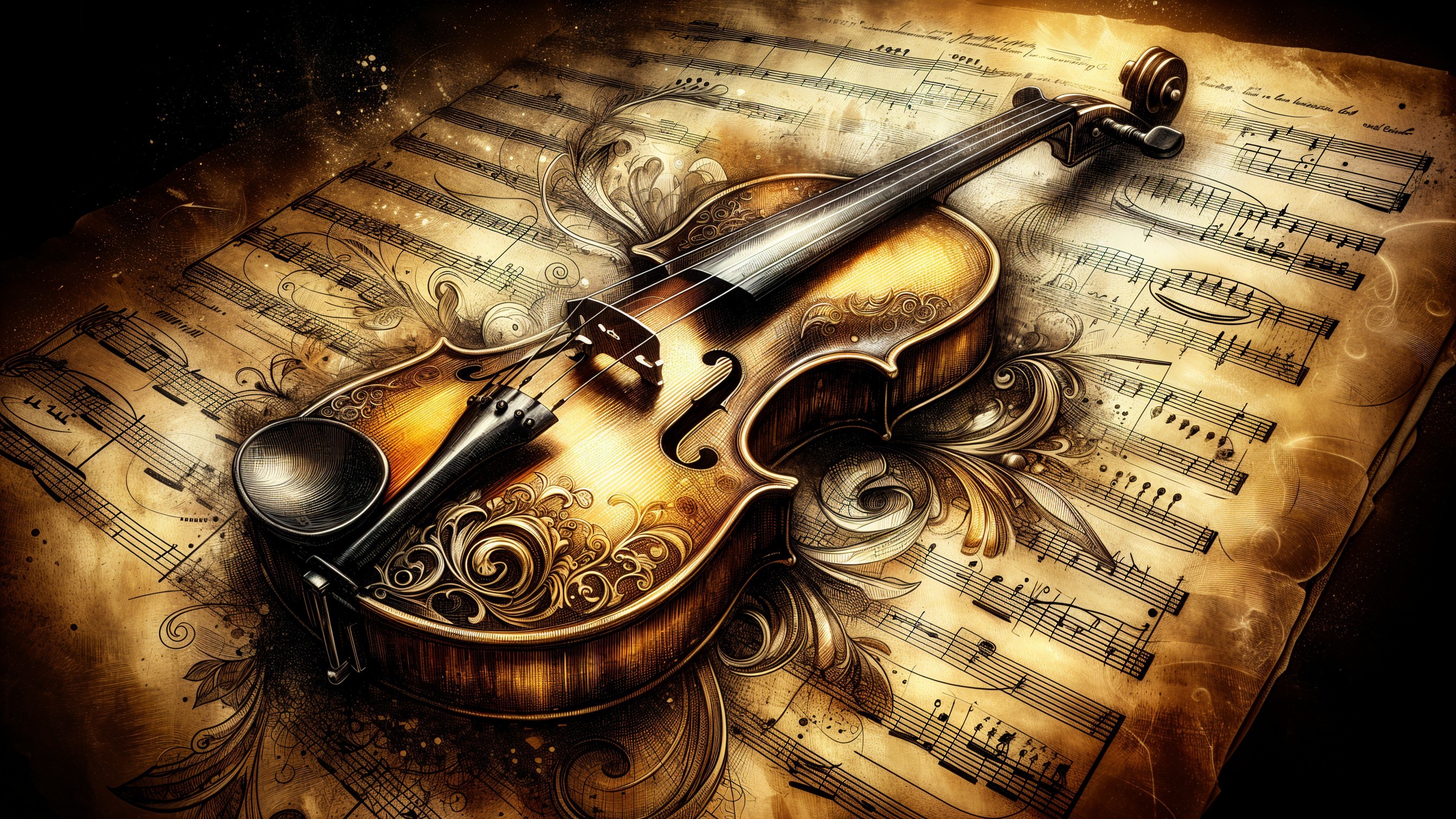 Violin on Ornate Sheet Music with Elegant Designs
