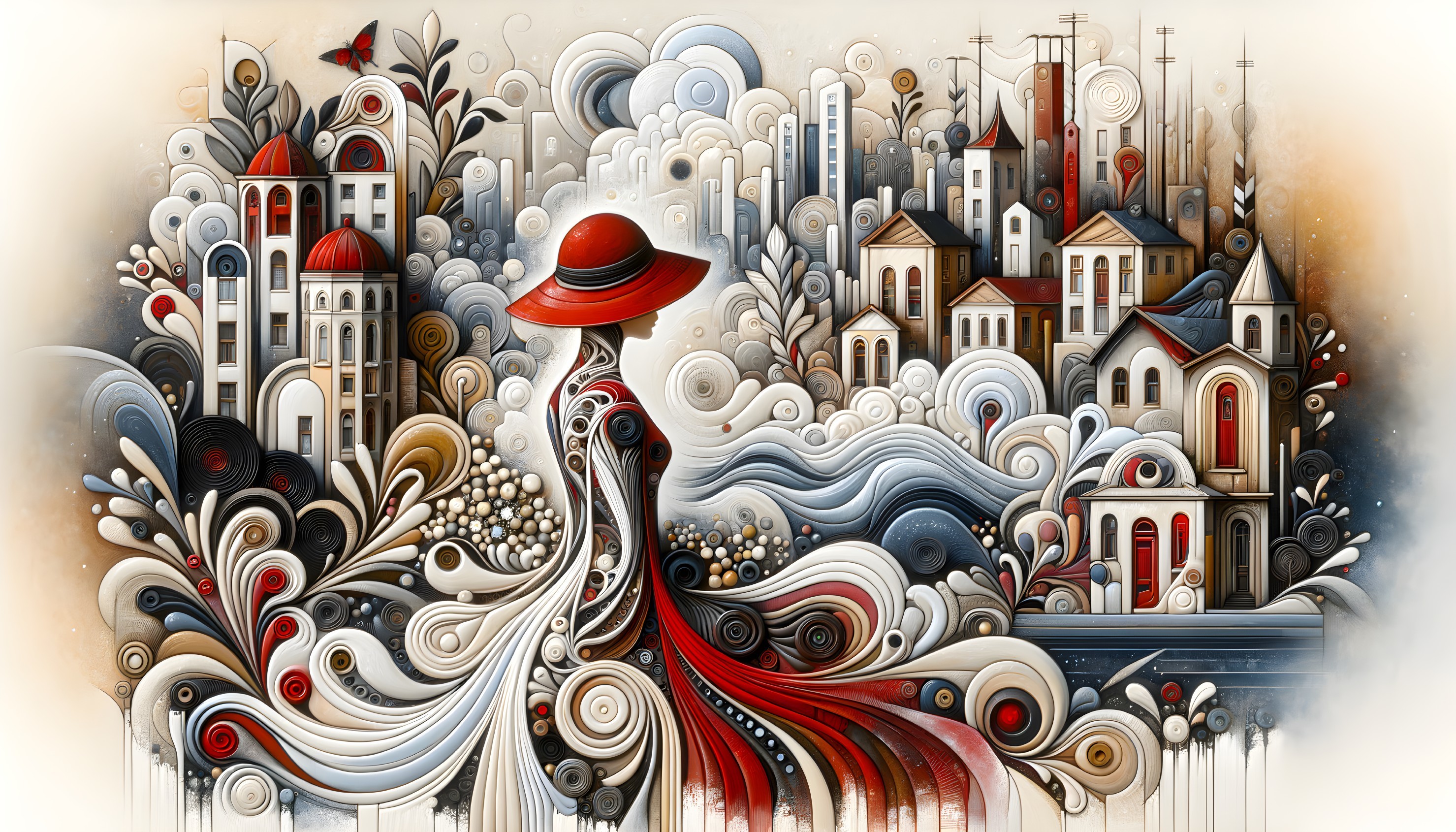 Stylized artwork of person with red hat in whimsical town