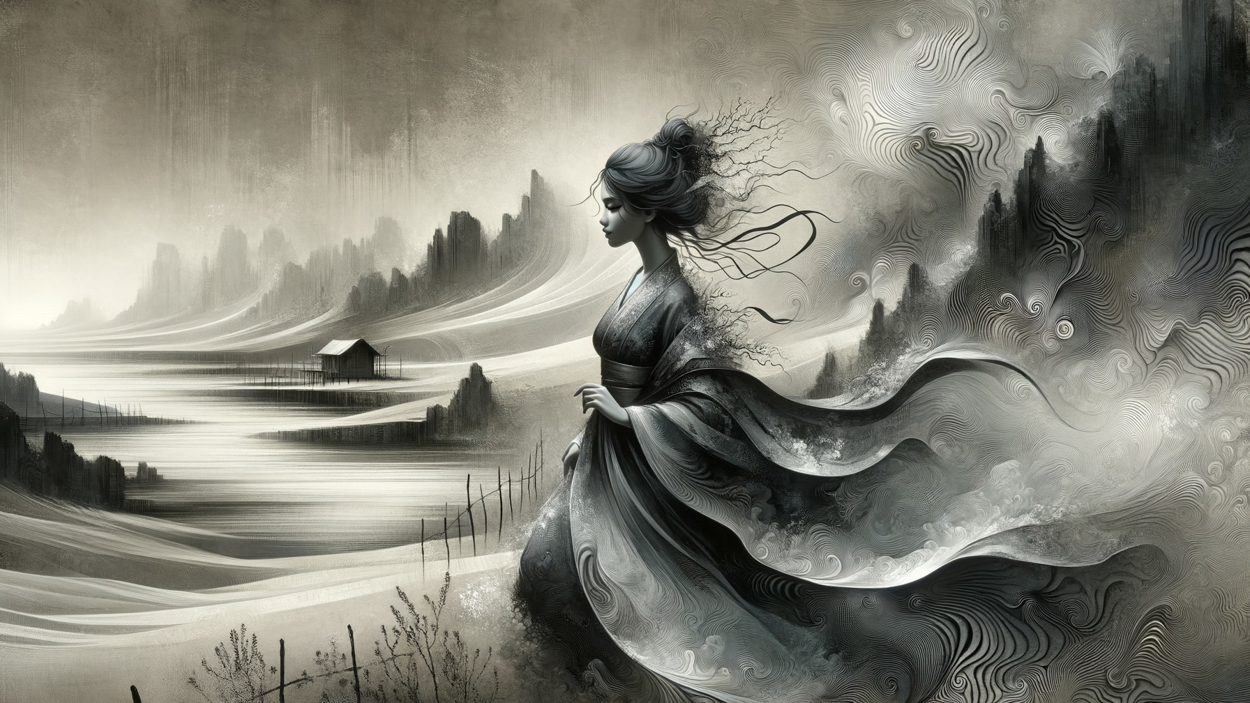 Monochromatic Landscape with Woman by Waterway