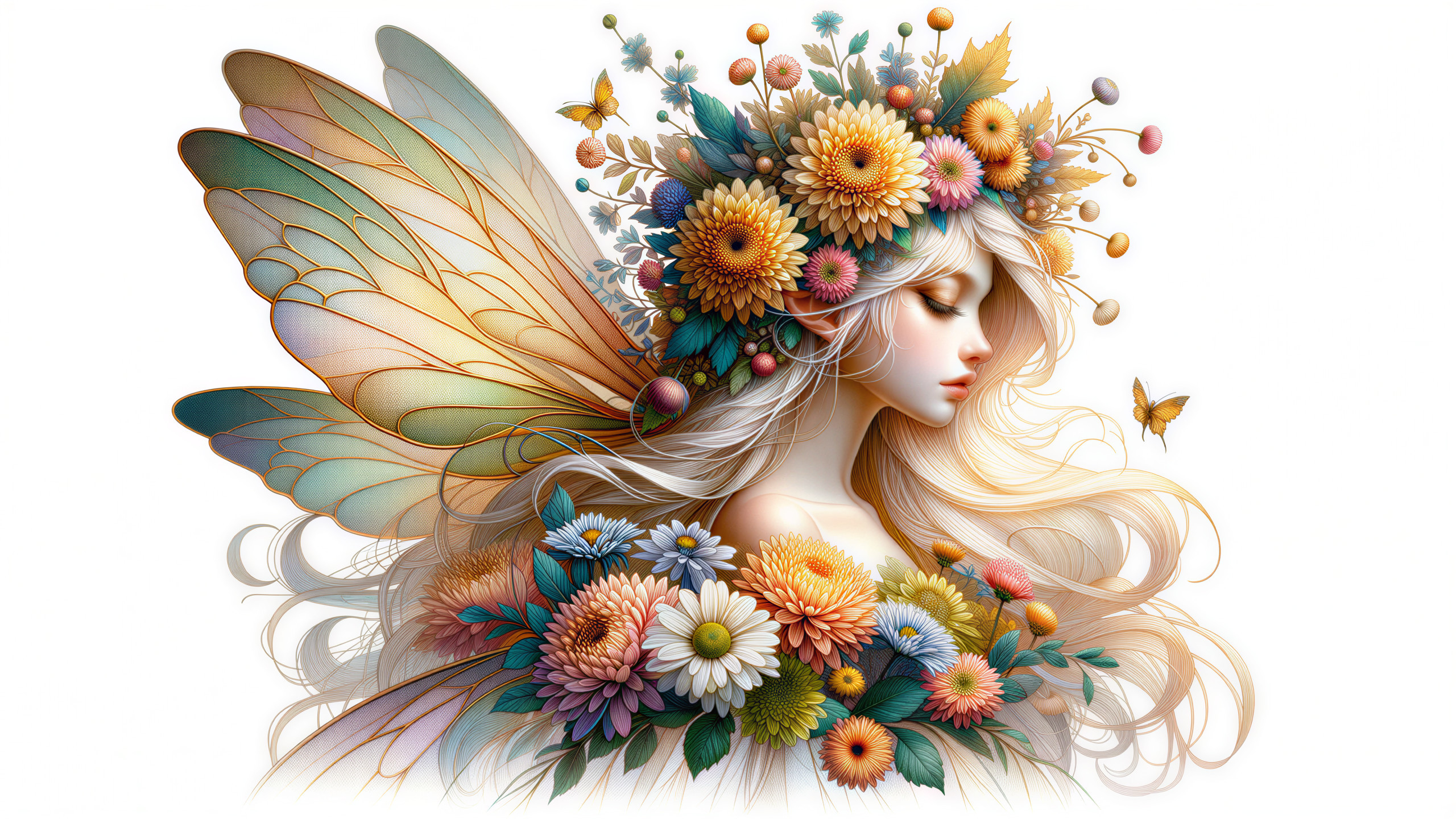 Serene fairy with colorful wings in a magical setting