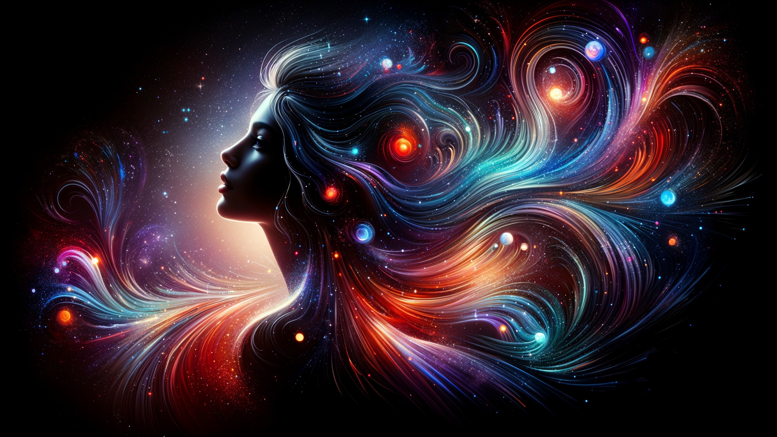 Silhouette of a woman's profile with cosmic hair design
