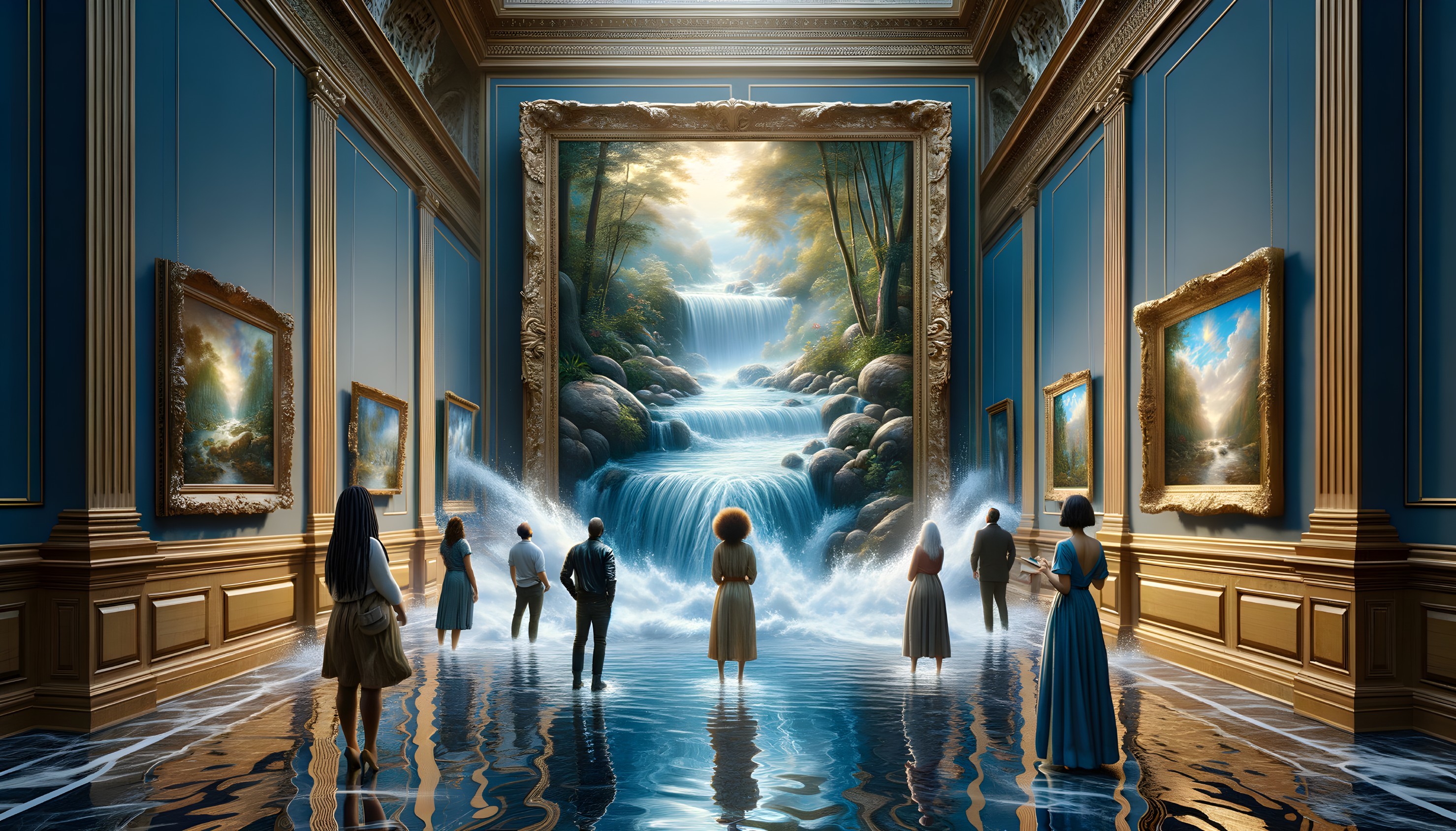 Captivating Waterfall Painting in Ornate Gallery
