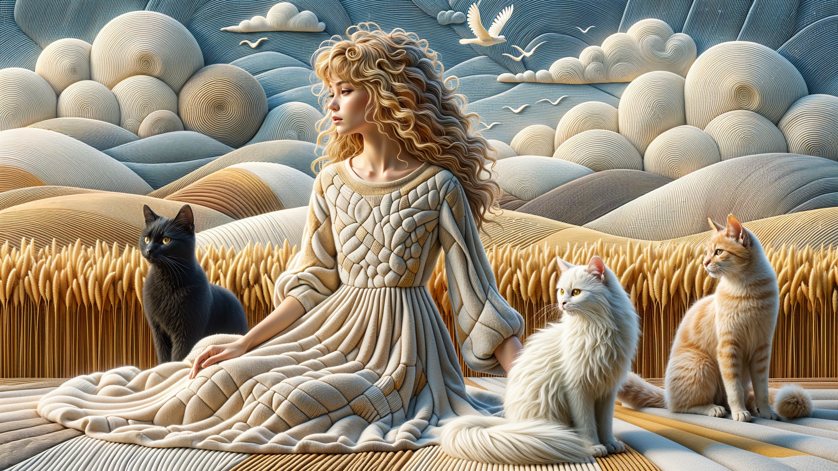 Woman in patterned dress with cats in serene landscape