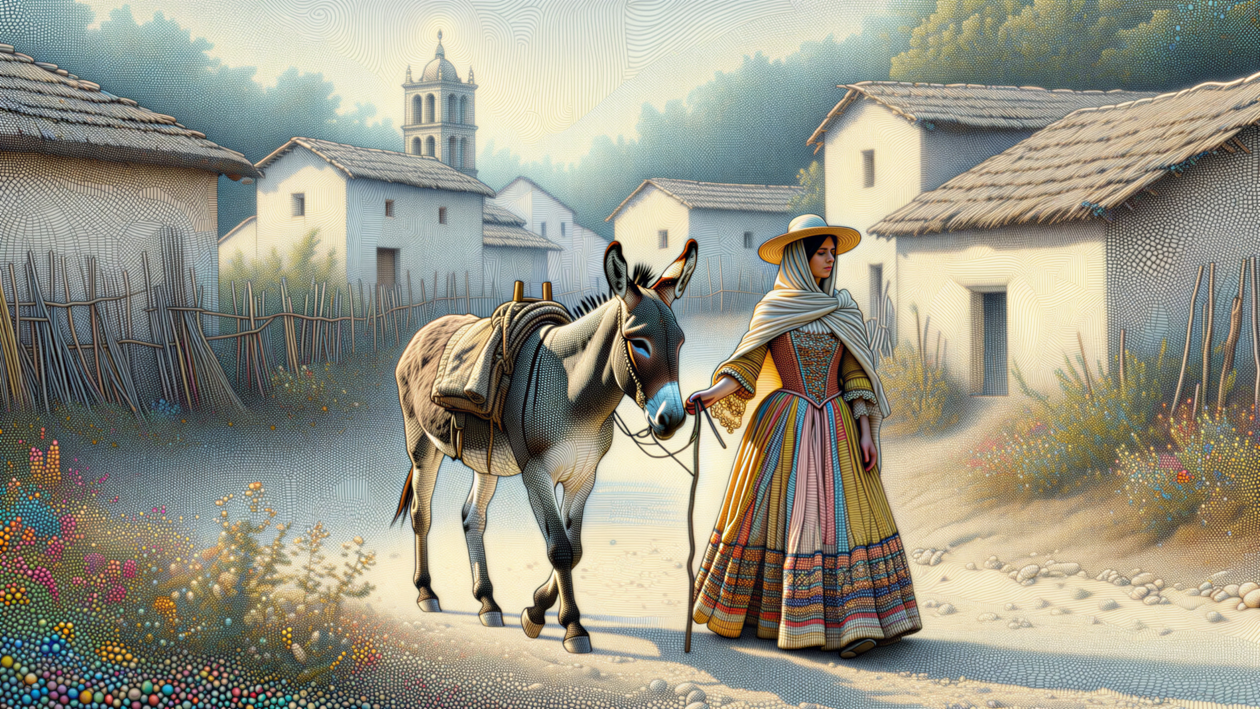 Woman in Traditional Dress Walking with Donkey in Village