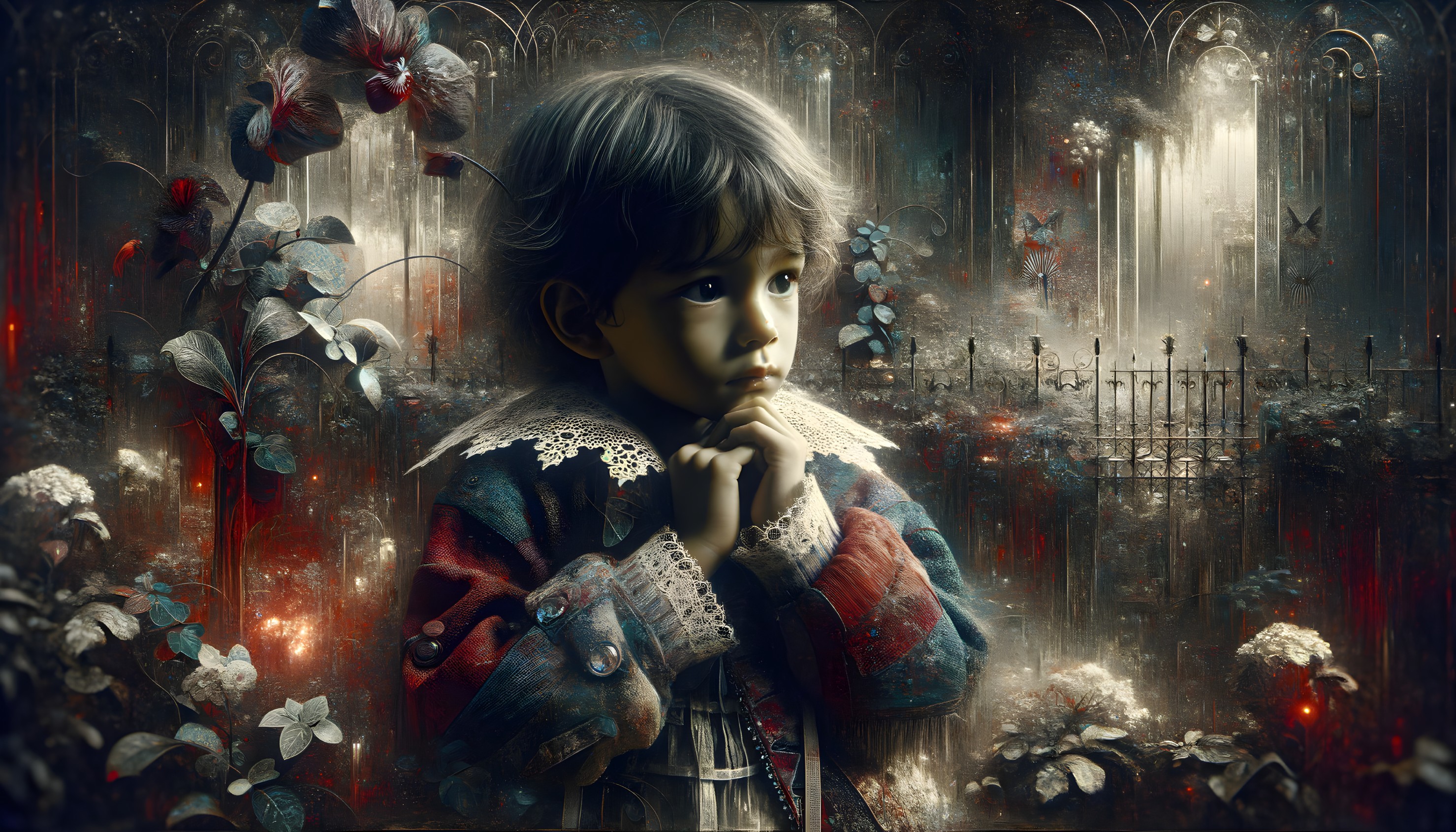 Child in contemplation in dark garden with red flowers and ornate gate