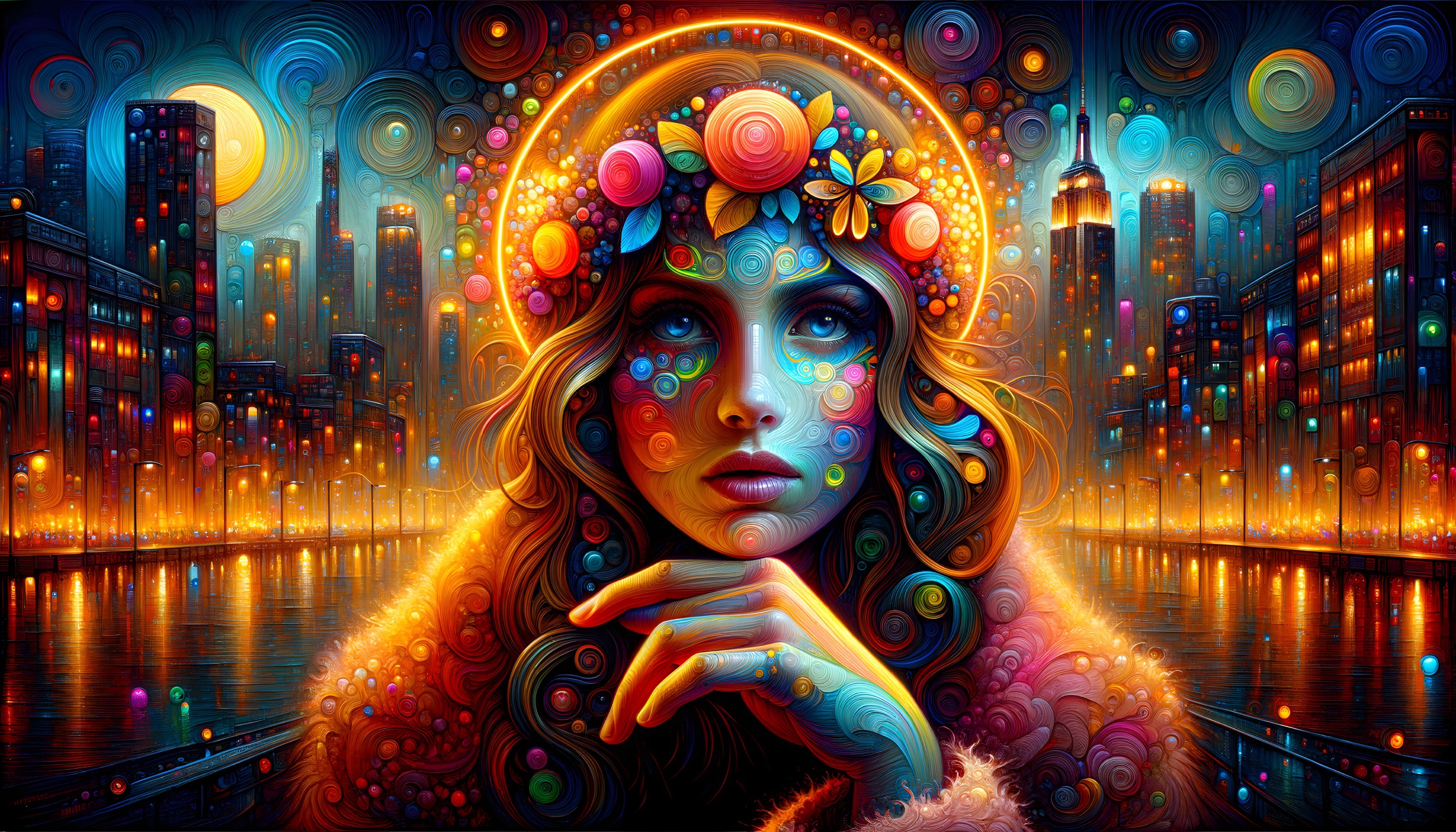 Digital Art of Woman with Floral Patterns in Cityscape