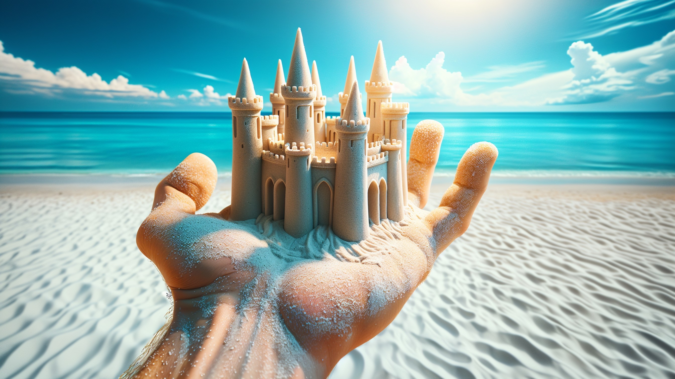 Intricate Sandcastle in Hand with Beach Background