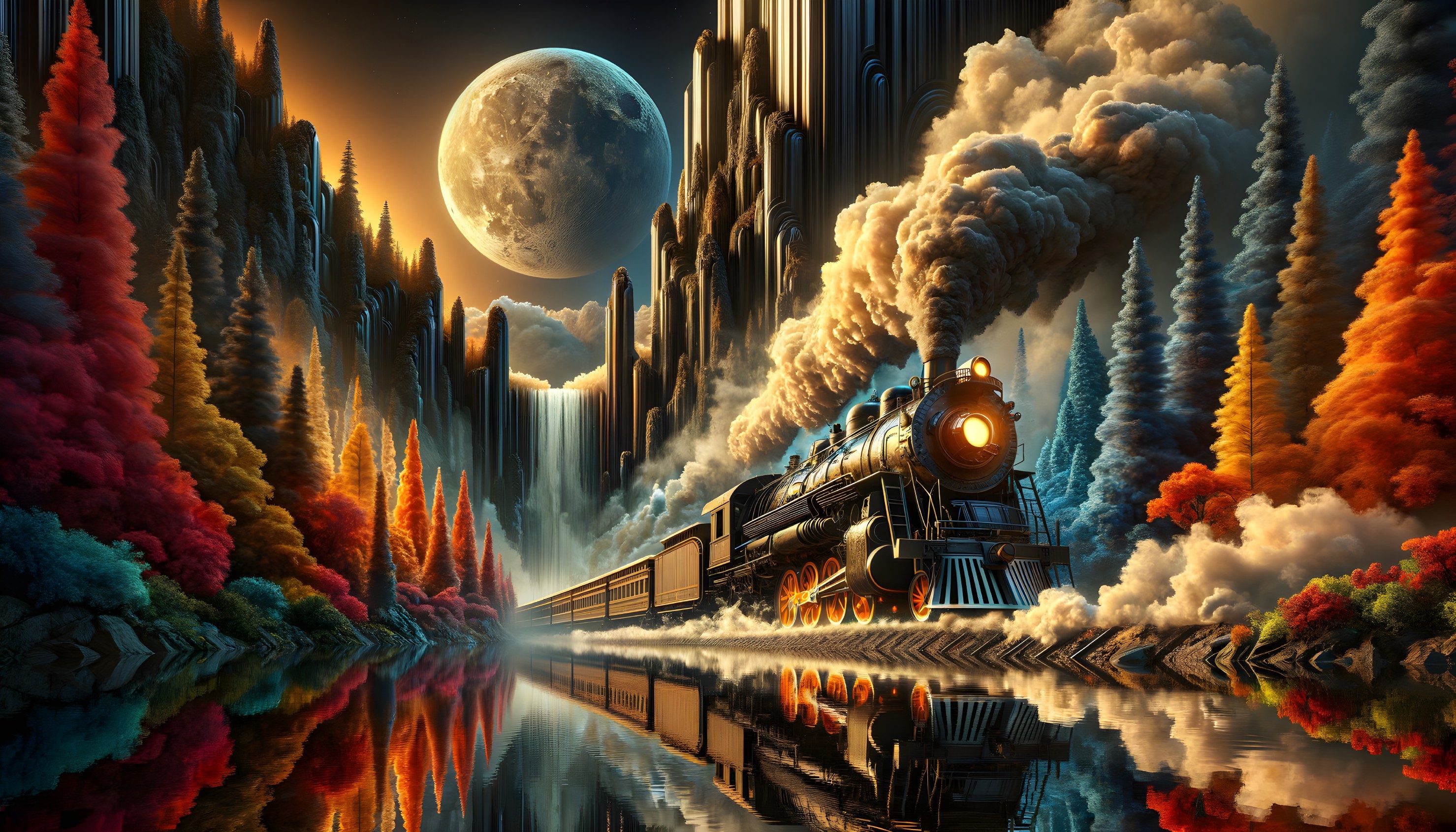 Moonlit Journey: Steam Train Reflections