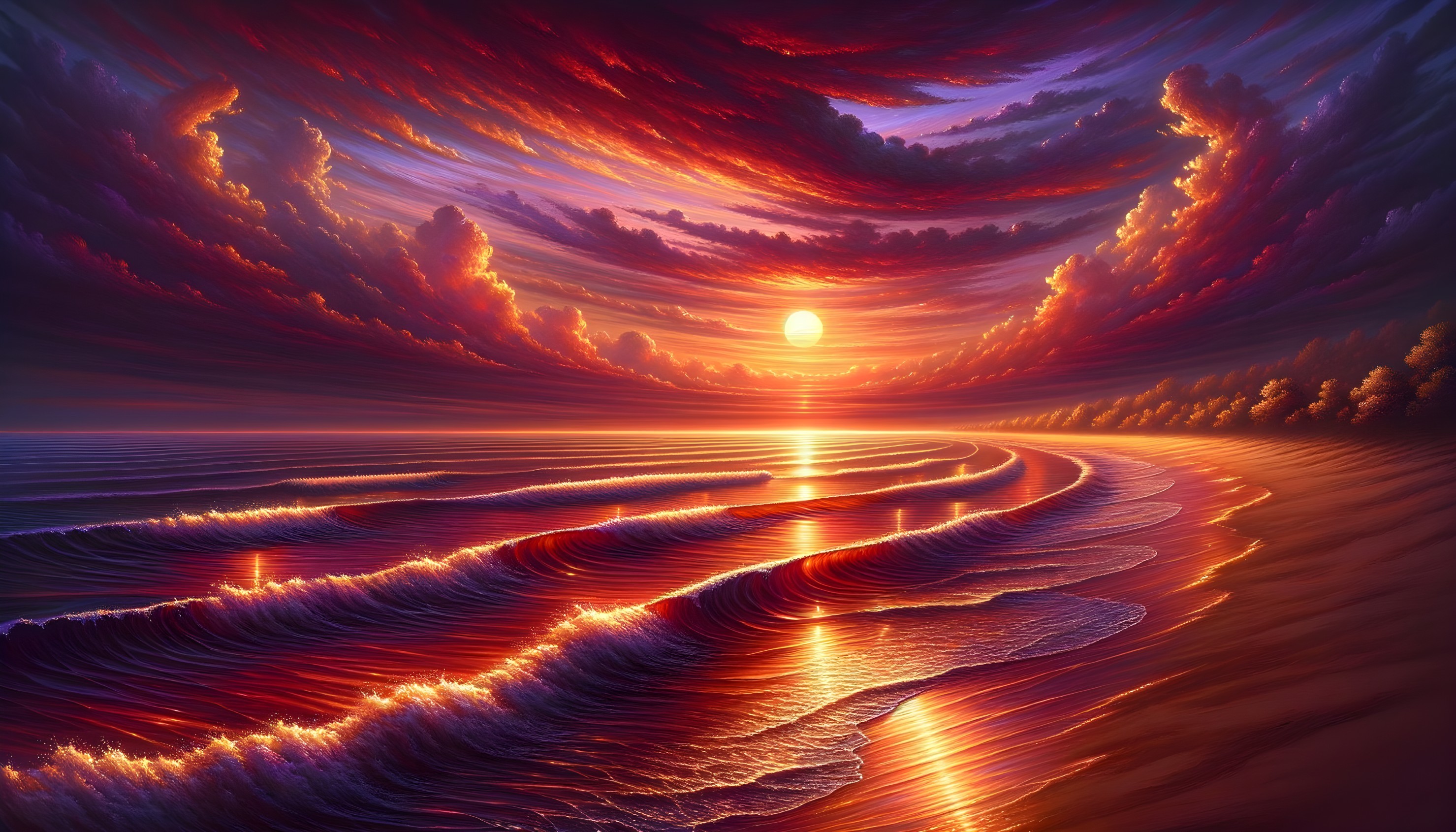 Fiery Sky Reflections on Ocean Waves