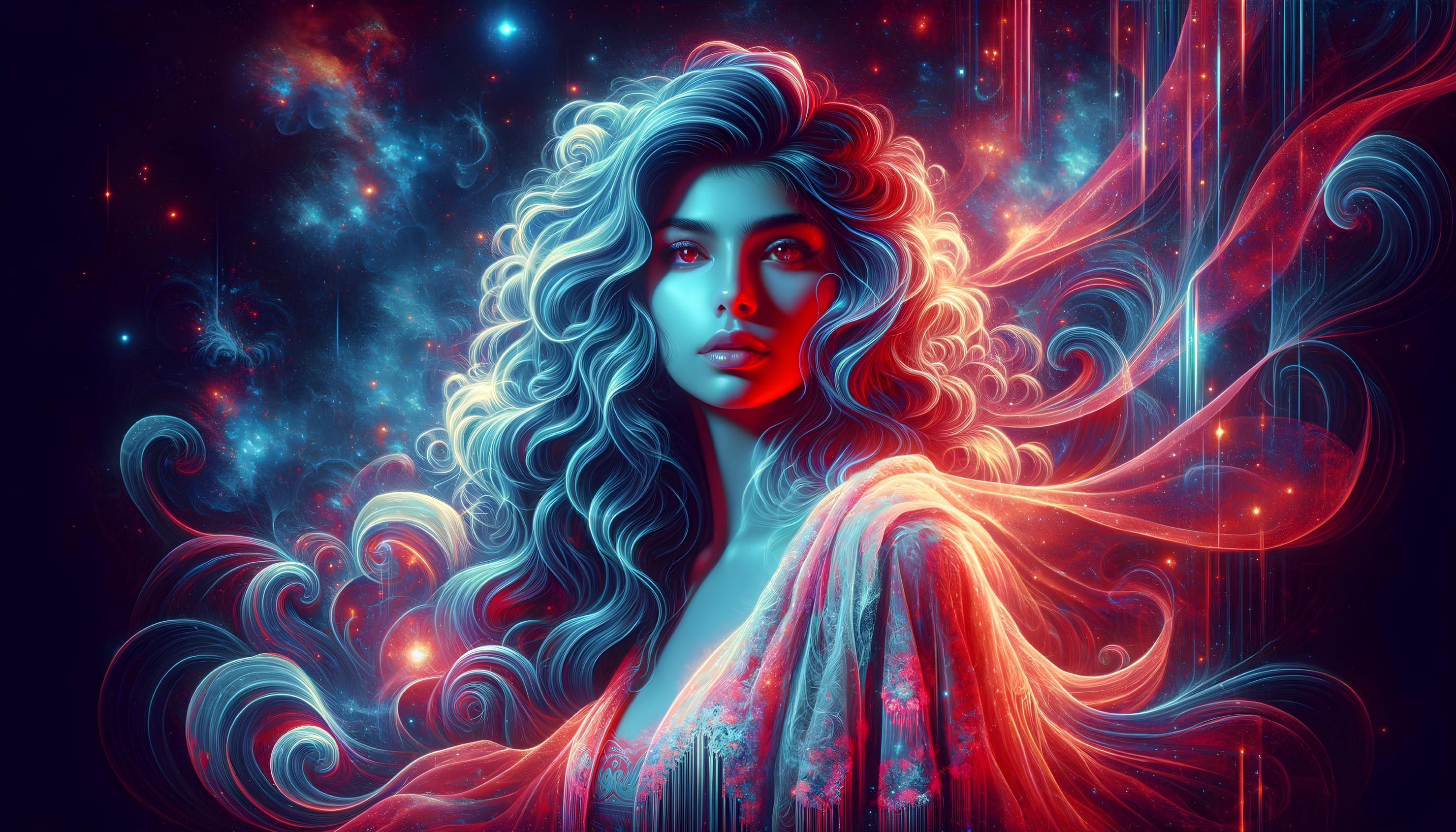 Vibrant digital artwork: Woman with flowing hair in cosmic background