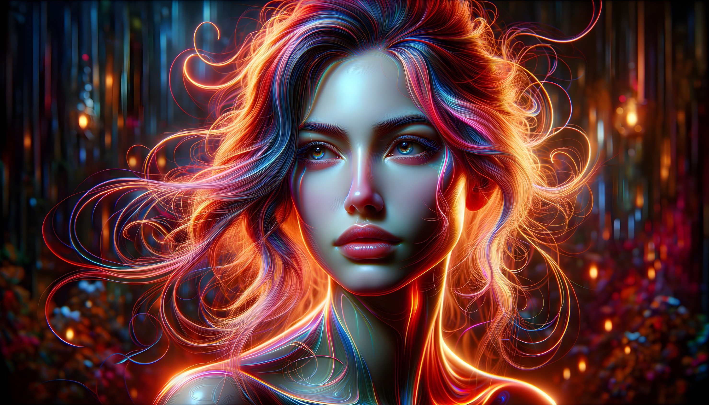 Digital Artwork of Woman in Neon Hair in Fantasy Forest