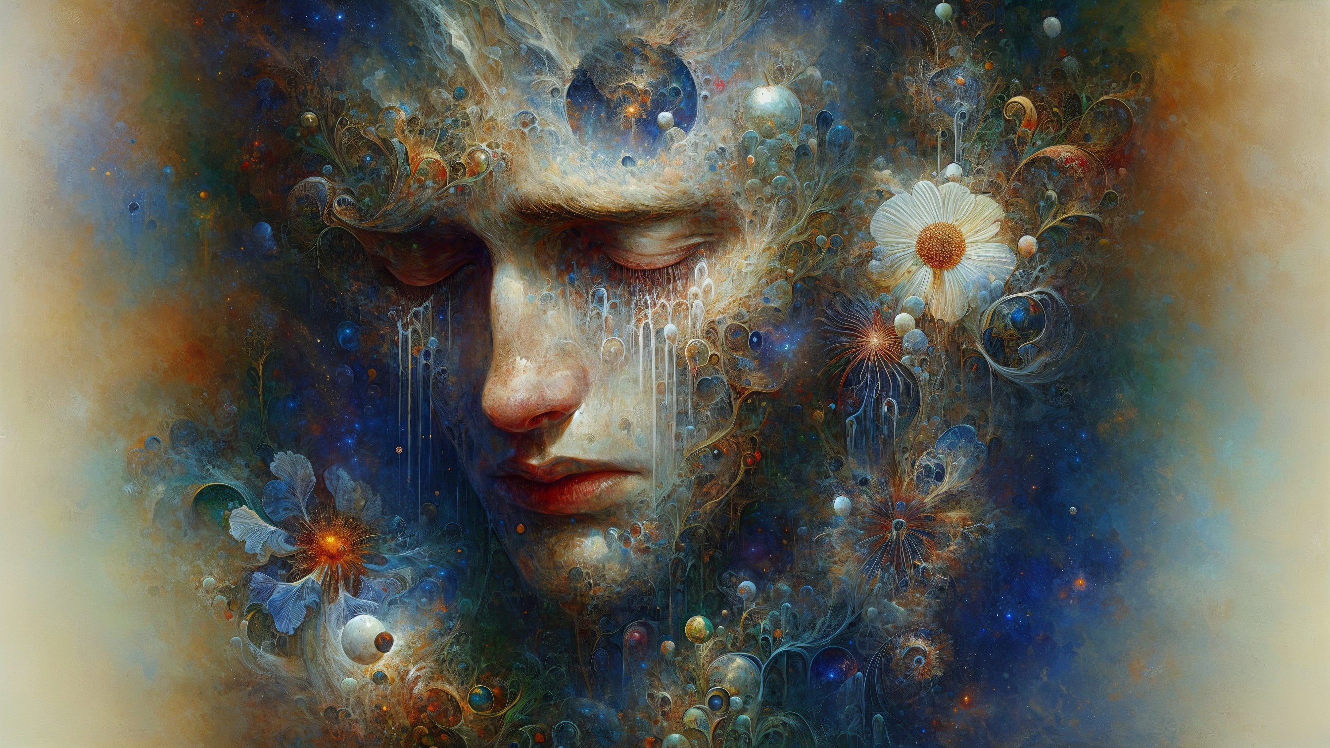 Contemplative Face with Cosmic and Floral Elements