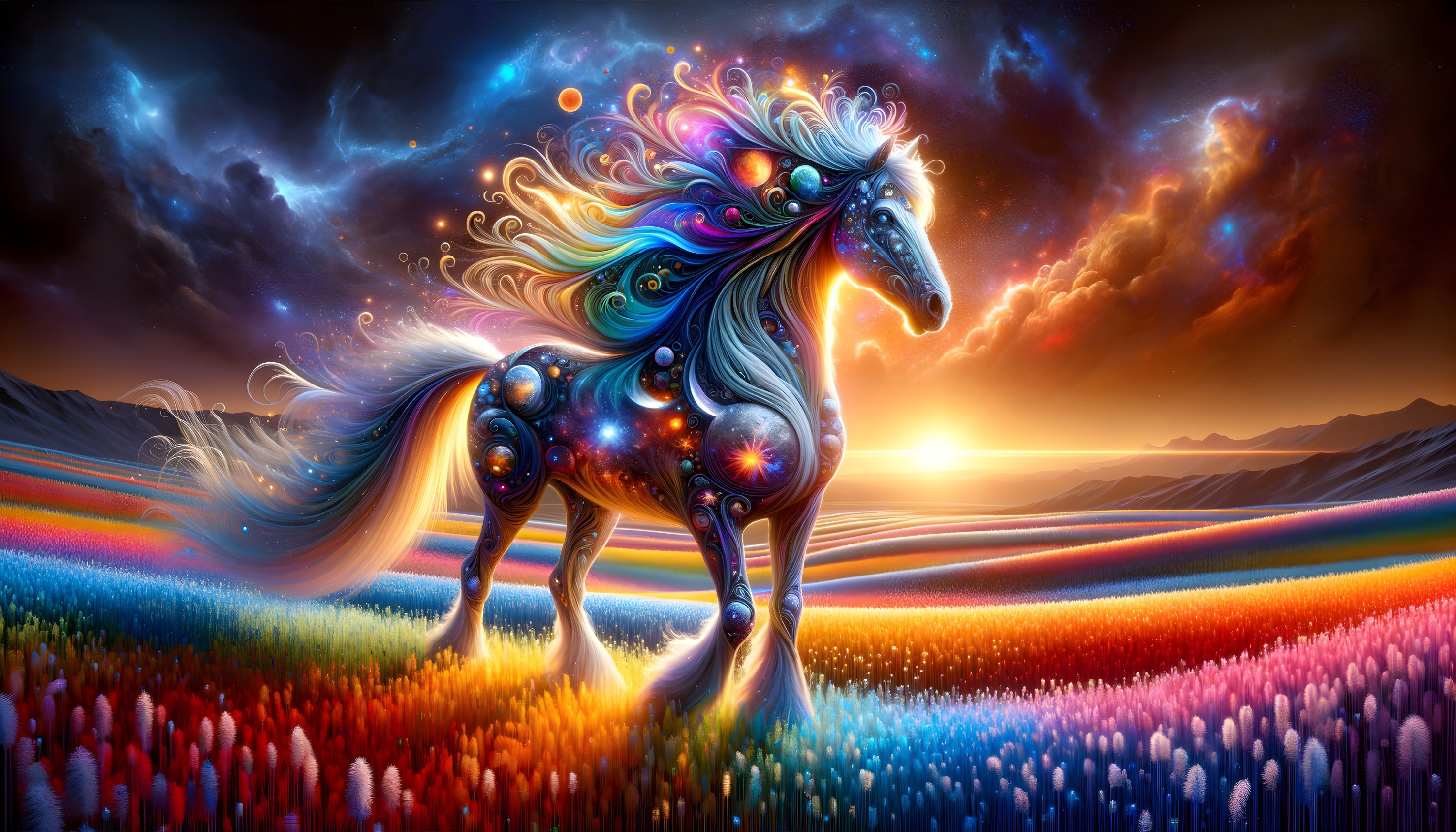 Colorful Cosmic Horse with Starry Mane in Vibrant Field