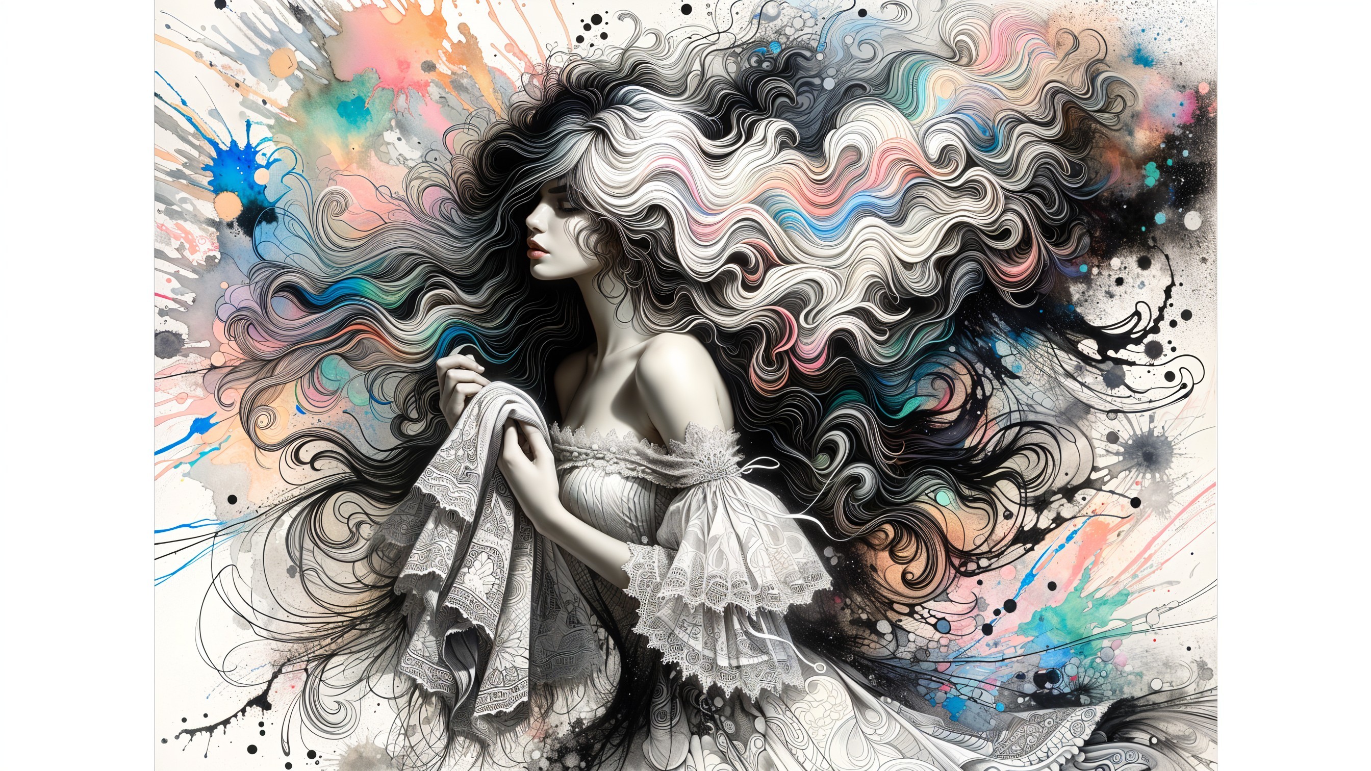 Illustration of a woman with vibrant hair and gown