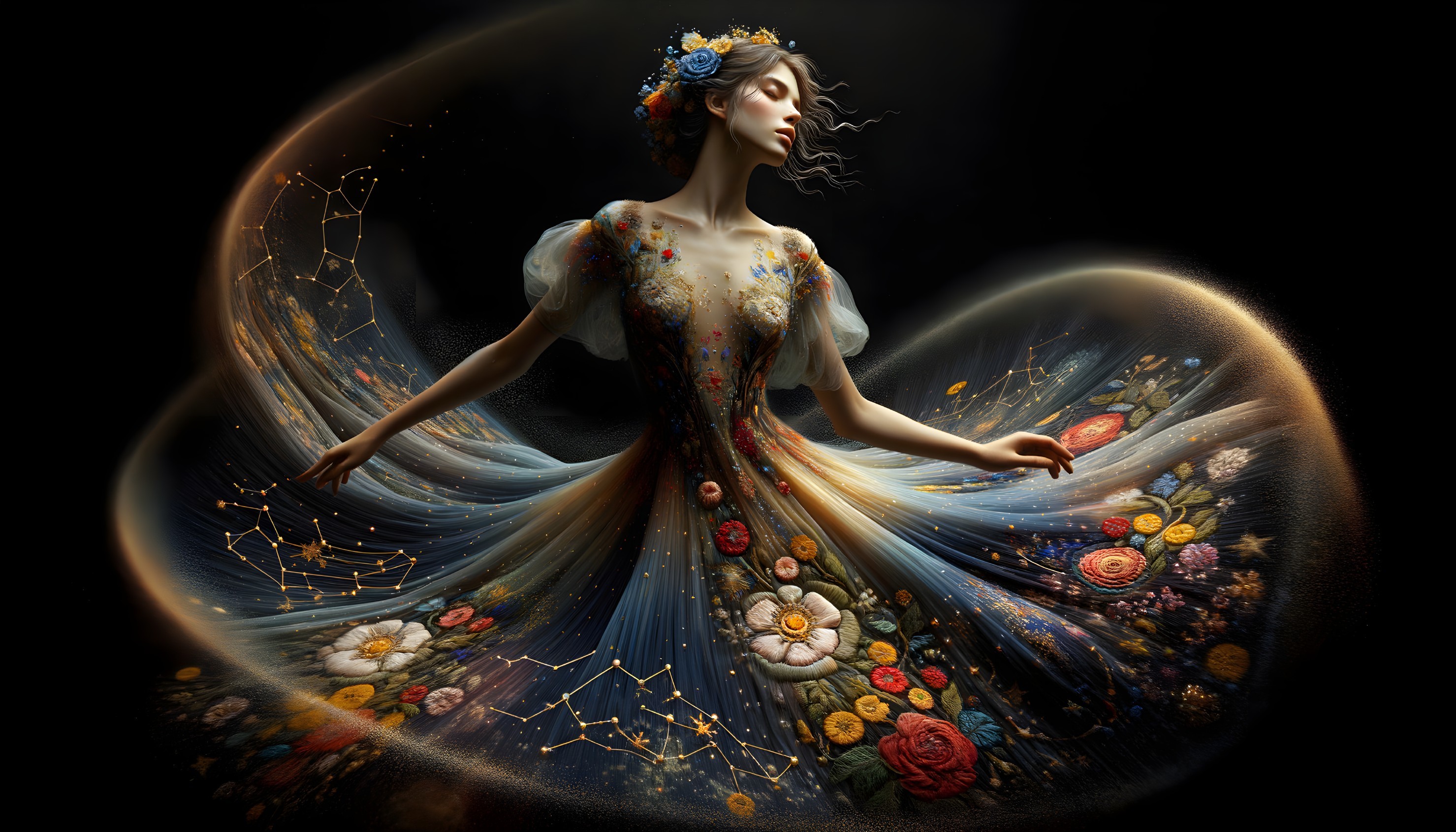 Whimsical Figure in Ethereal Flower-Adorned Gown