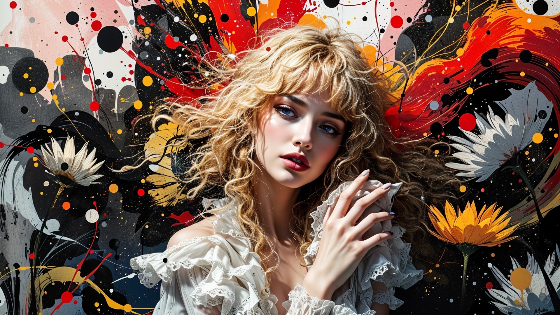 Young woman with blonde hair against abstract background