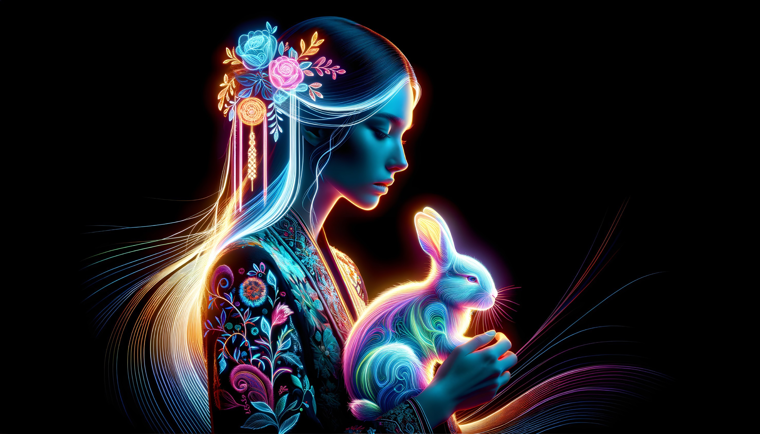 Luminous Silhouette of Woman with Glowing Rabbit