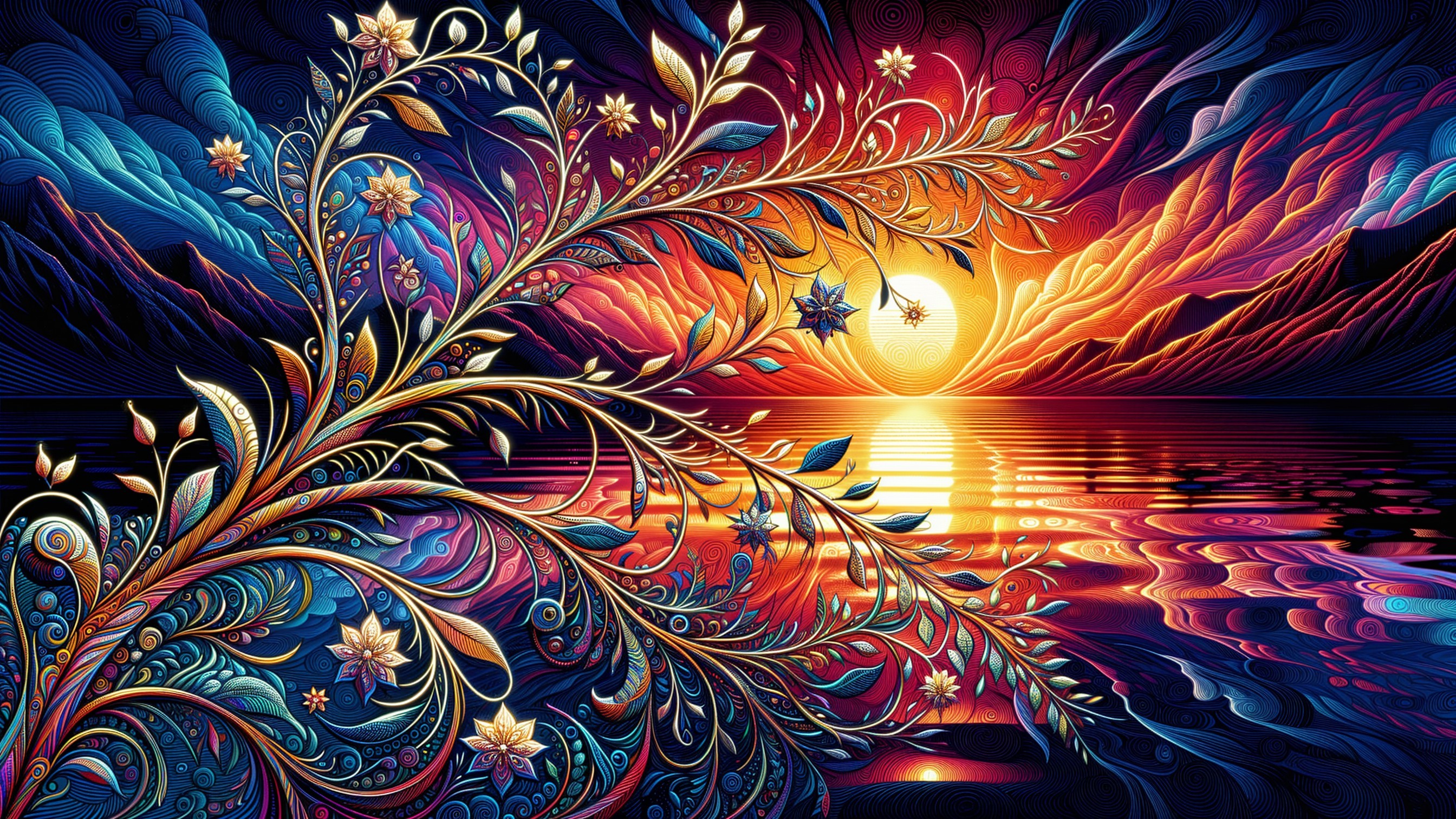 Intricate Floral Landscape with Vibrant Sunset Colors