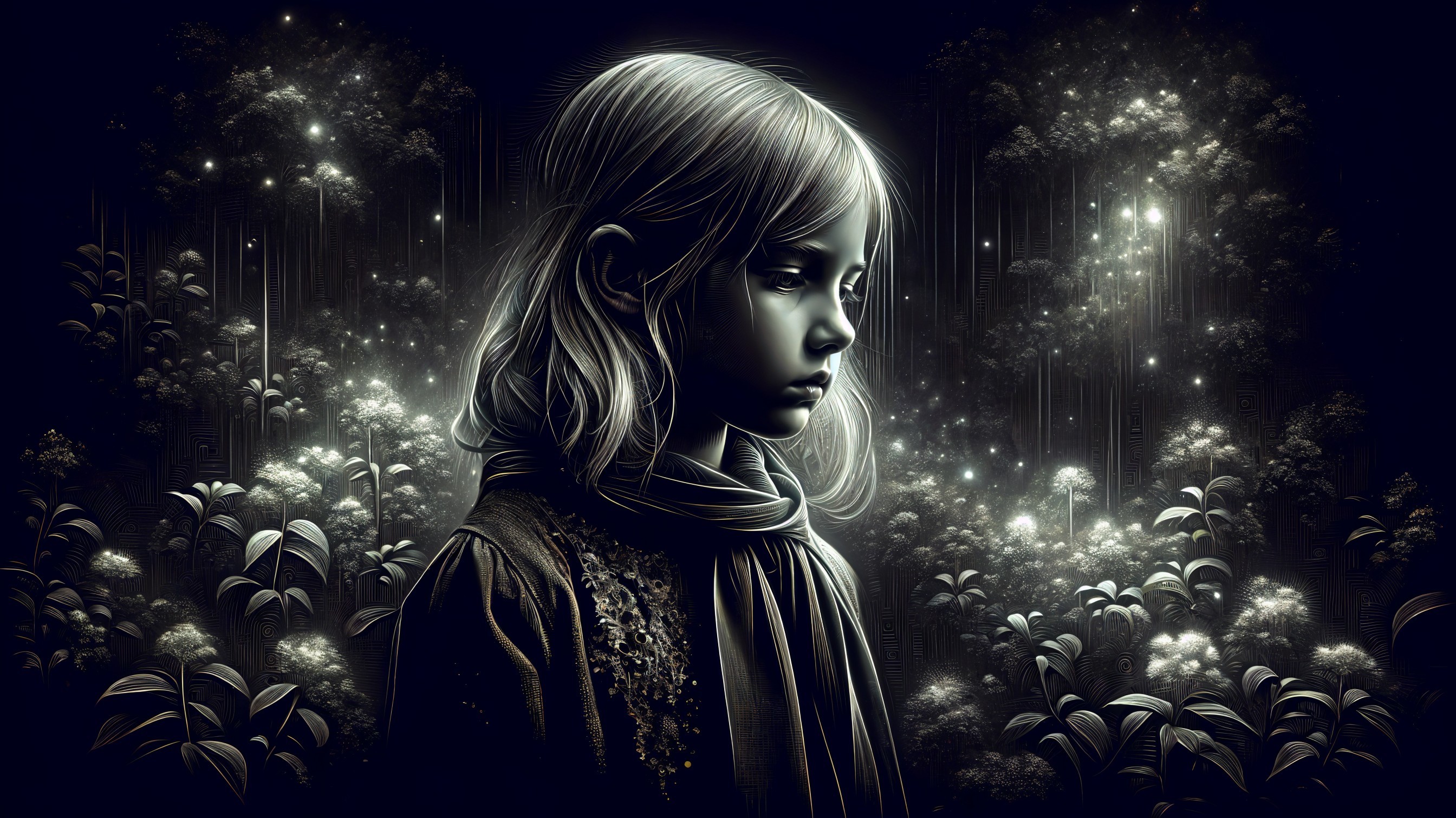 Contemplative Girl Amid Ethereal Monochrome Flora