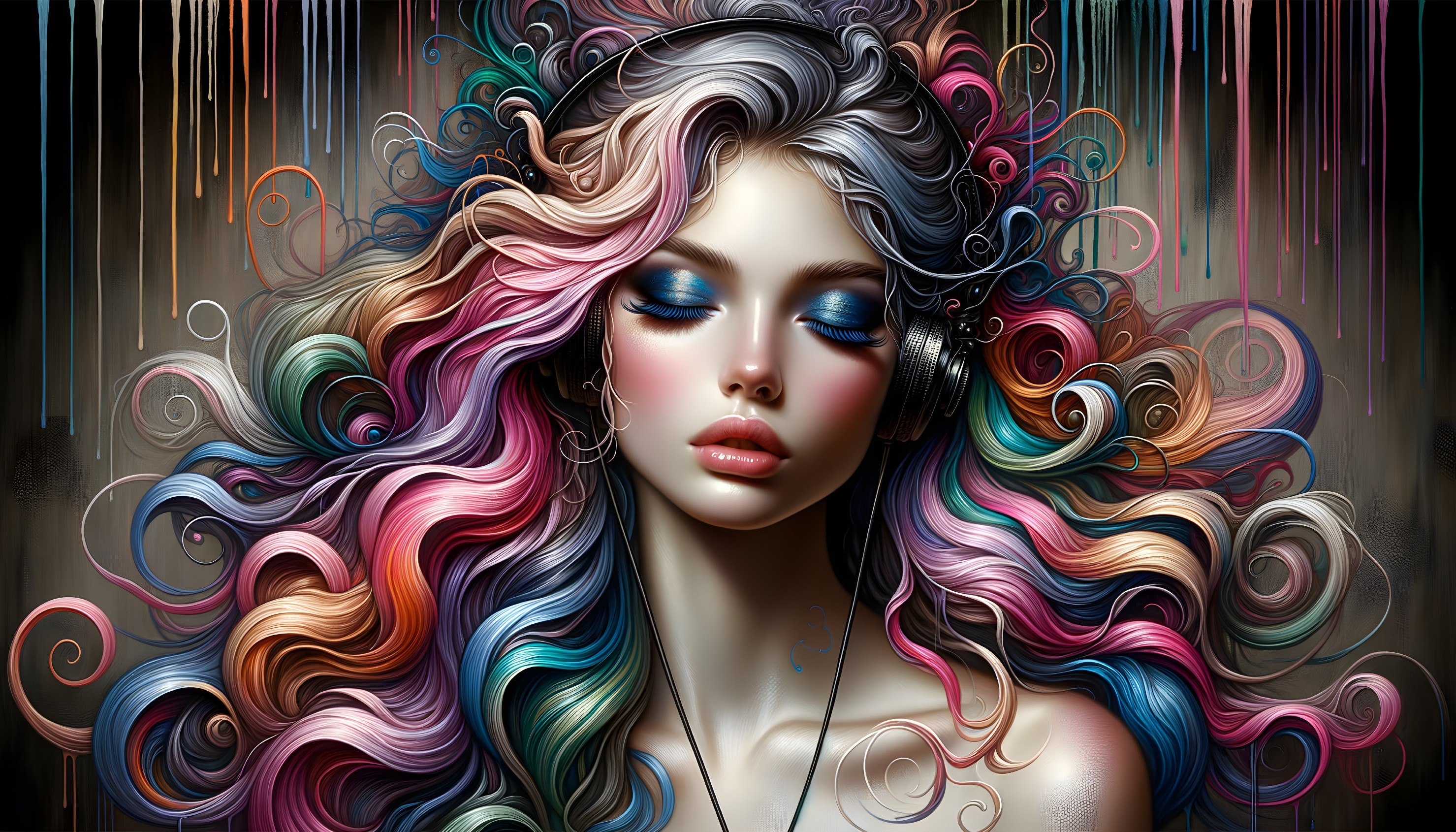 Portrait of a woman with colorful curls and headphones