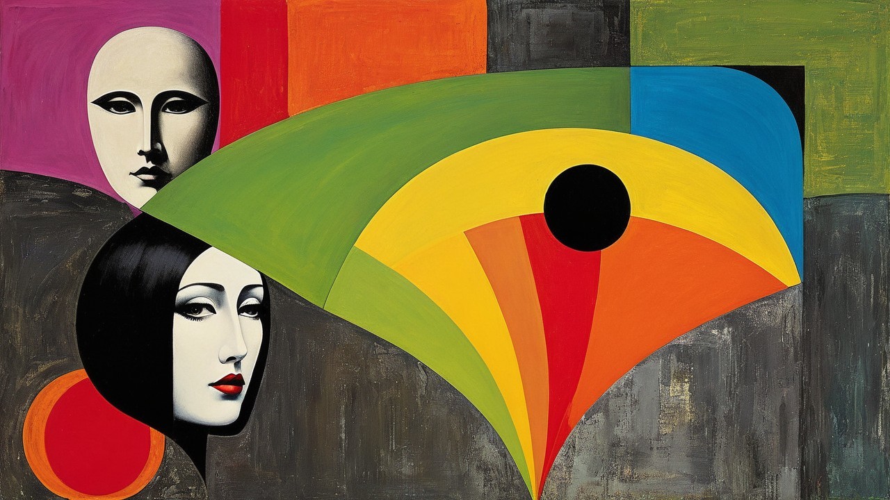 Stylized Faces Against Abstract Geometric Background