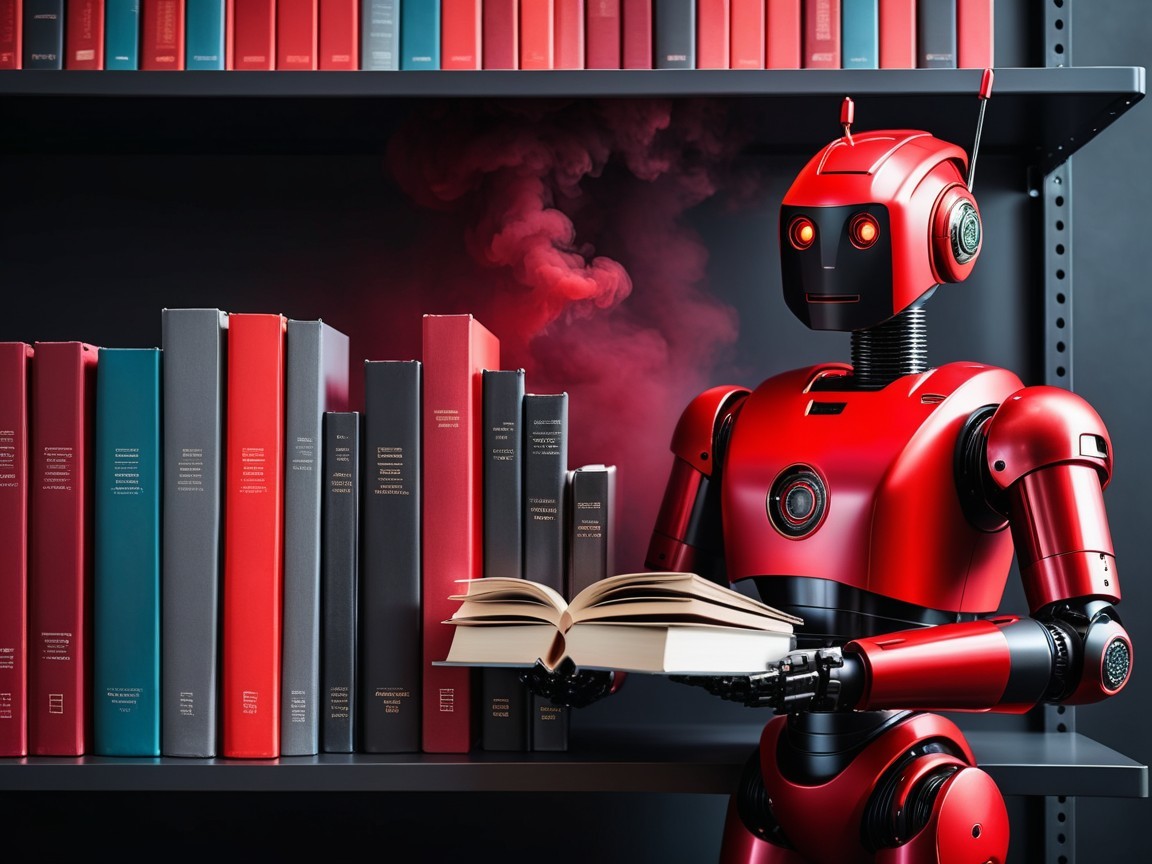 Red Robot in Modern Library with Colorful Books