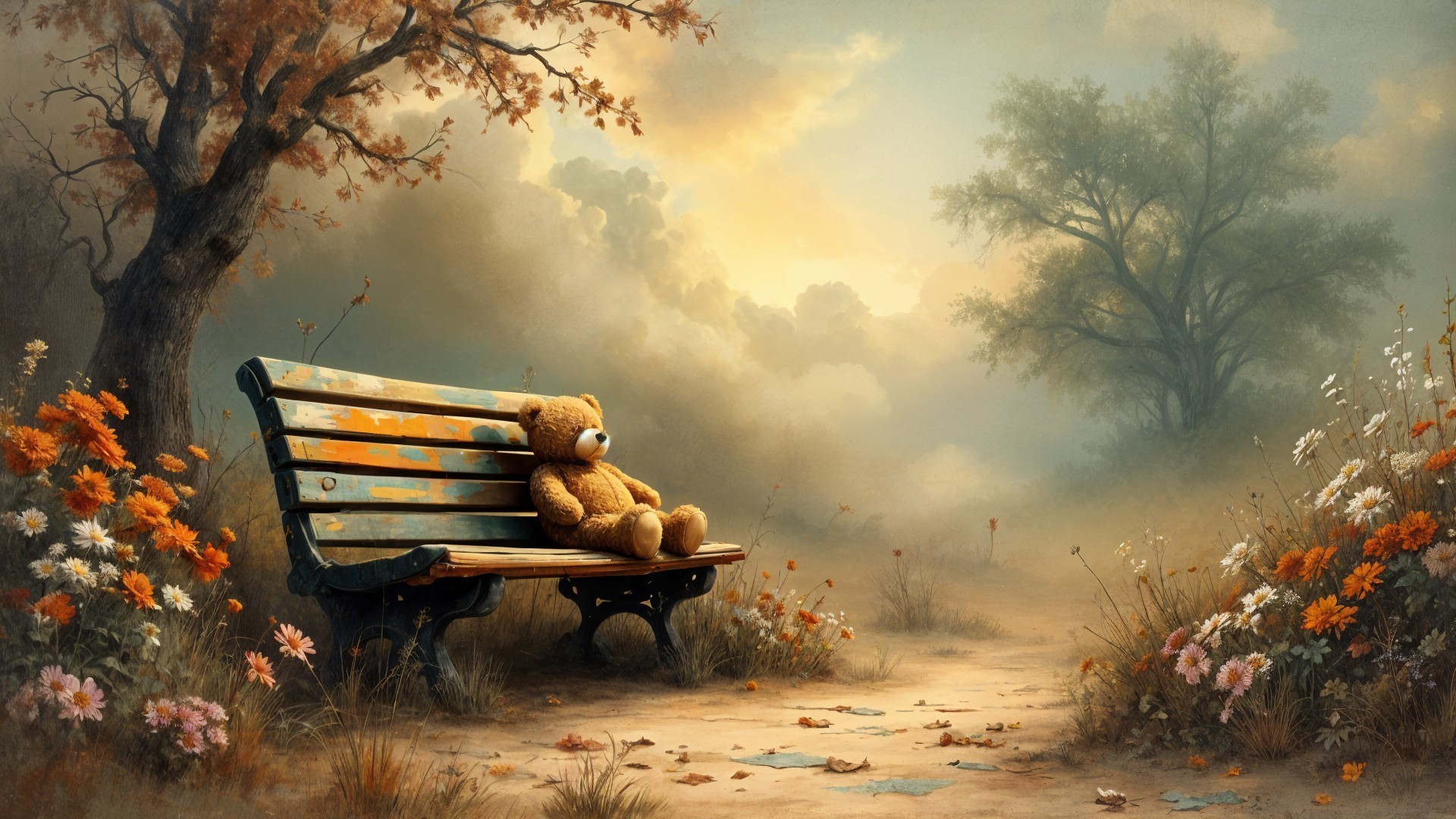 Teddy Bear on Bench in Autumnal Tranquility