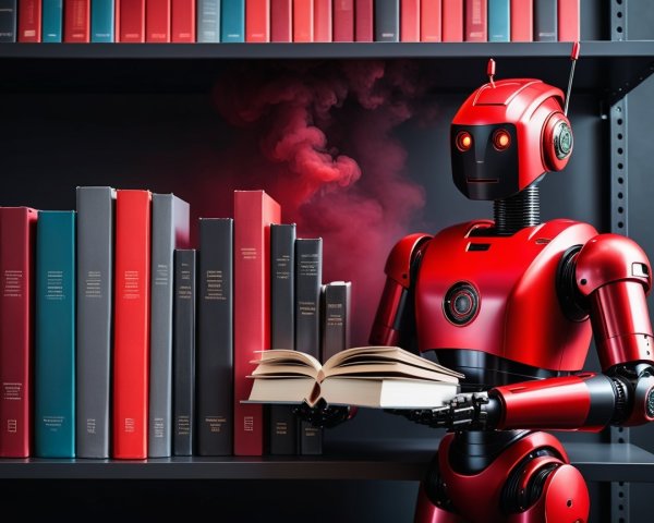 Red Robot in Modern Library with Colorful Books