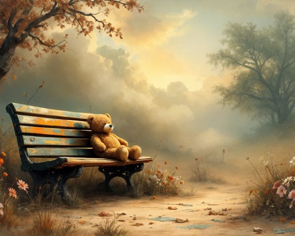 Teddy Bear on Bench in Autumnal Tranquility