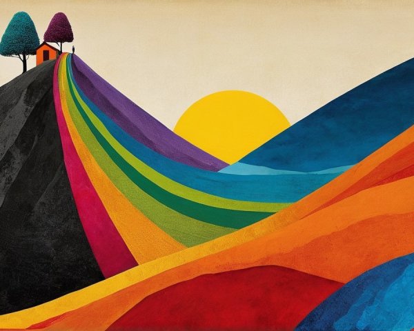 Surreal Landscape with Rainbow Hill and Whimsical House