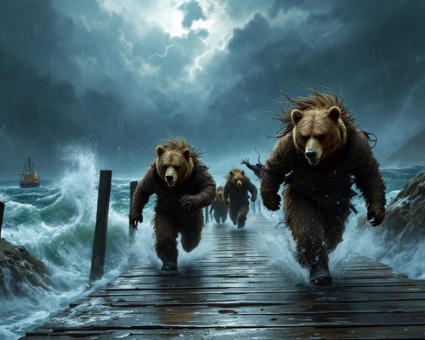 Bears on a Pier Amidst Stormy Seas and Lightning
