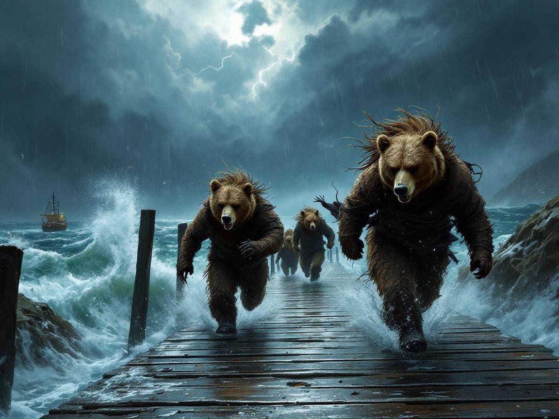 Bears on a Pier Amidst Stormy Seas and Lightning