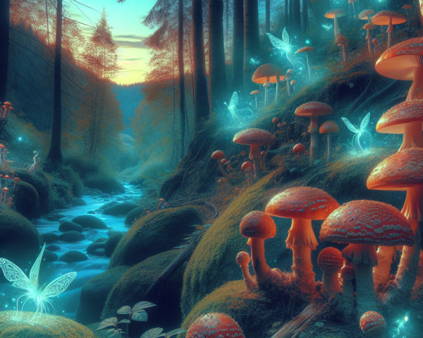 Magical Twilight Forest with Luminous Mushrooms and Fairies