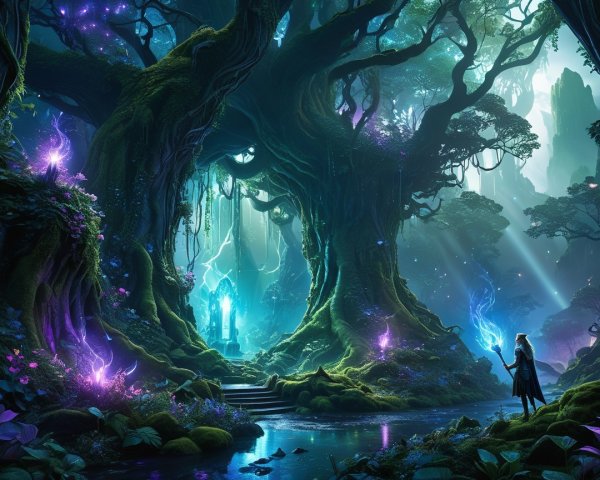 Mystical forest with ancient trees and glowing elements
