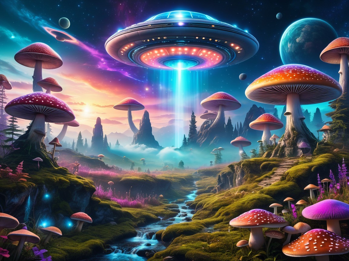 Vibrant Alien Landscape with Colorful Mushrooms and UFO
