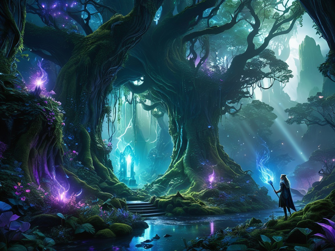 Mystical forest with ancient trees and glowing elements