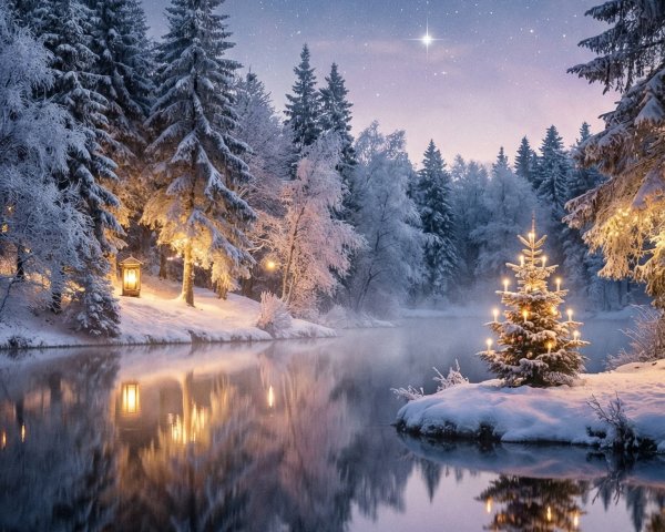 Enchanting Winter Wonderland Night Scene with Reflections