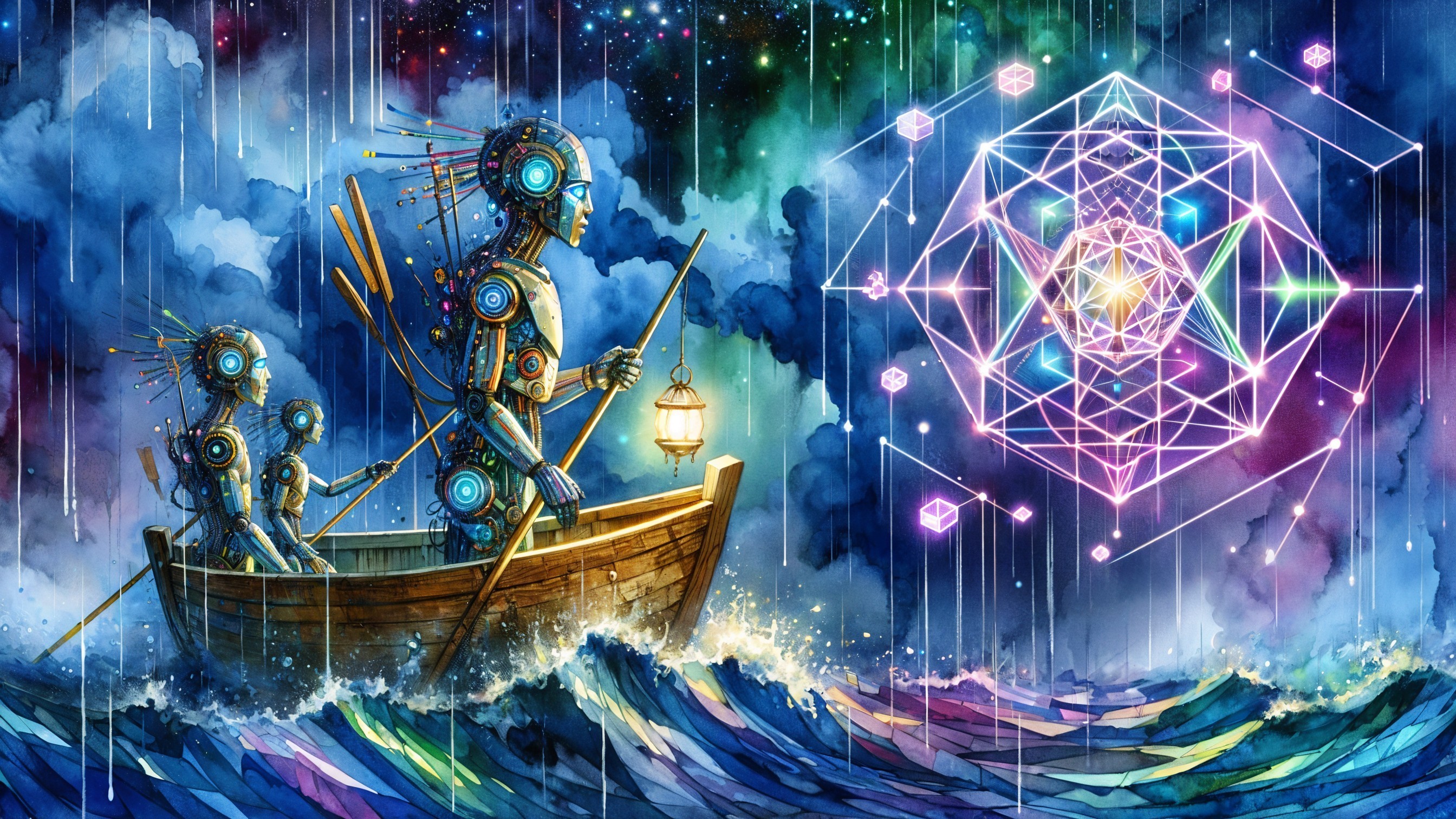Futuristic Scene with Robots in a Wooden Boat