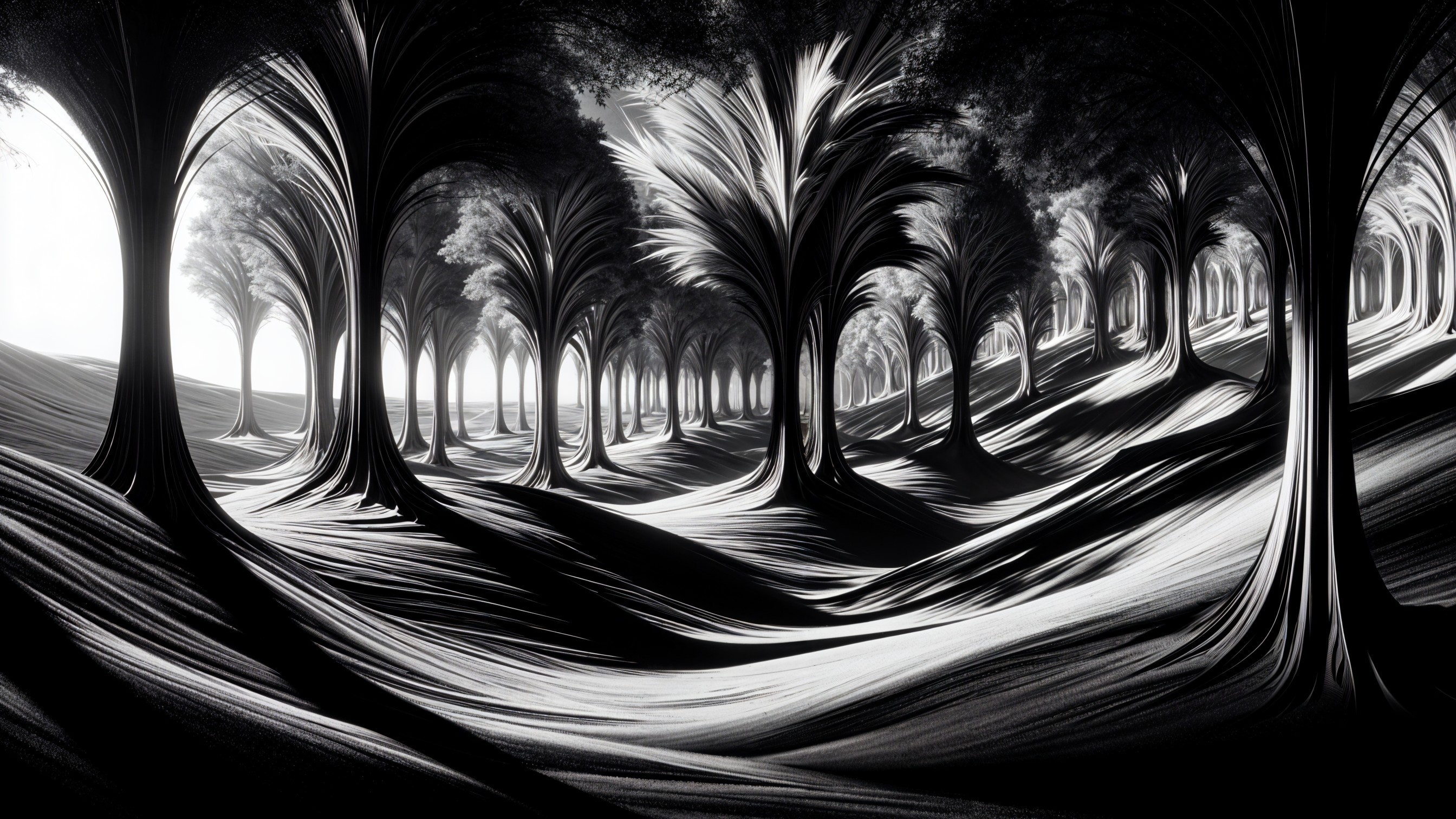 Surreal Black-and-White Forest with Flowing Trees