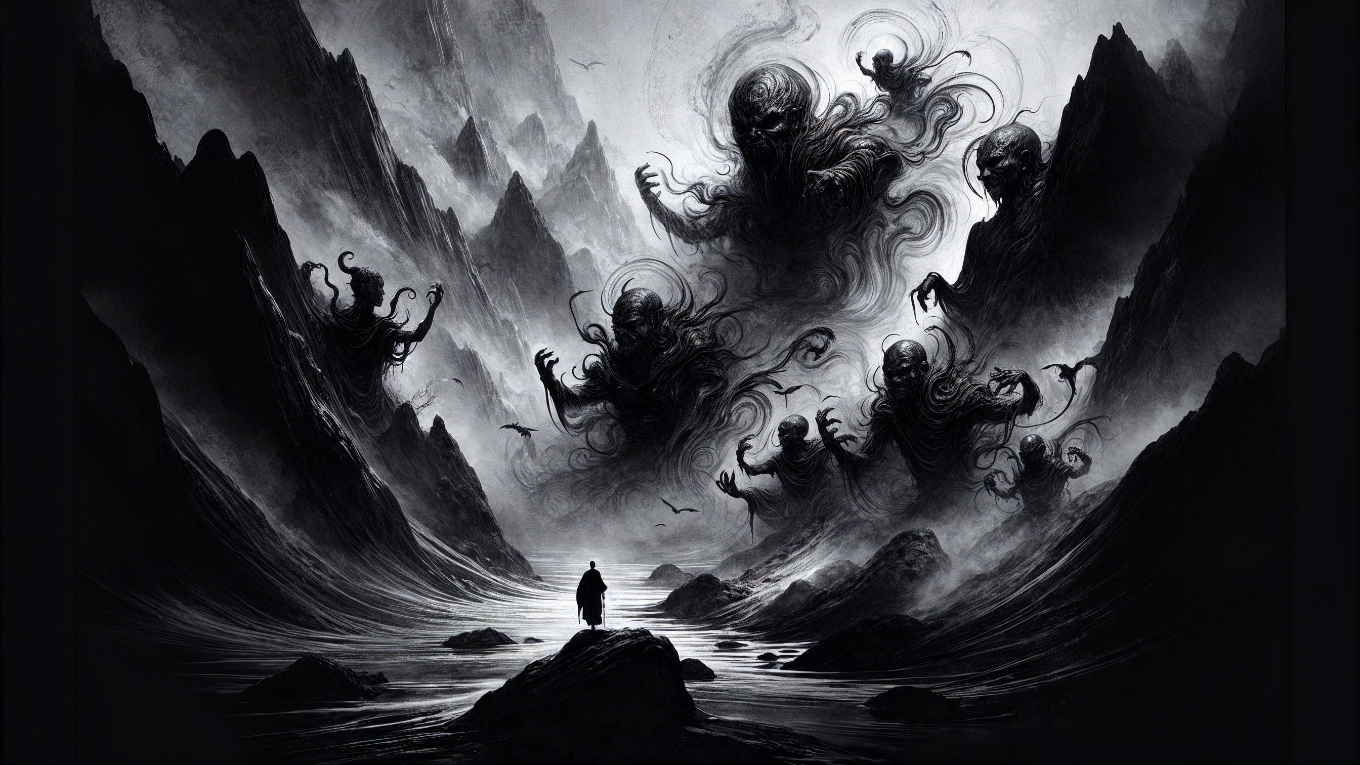 Solitary Figure on Rocks Overlooking Dark River Scene