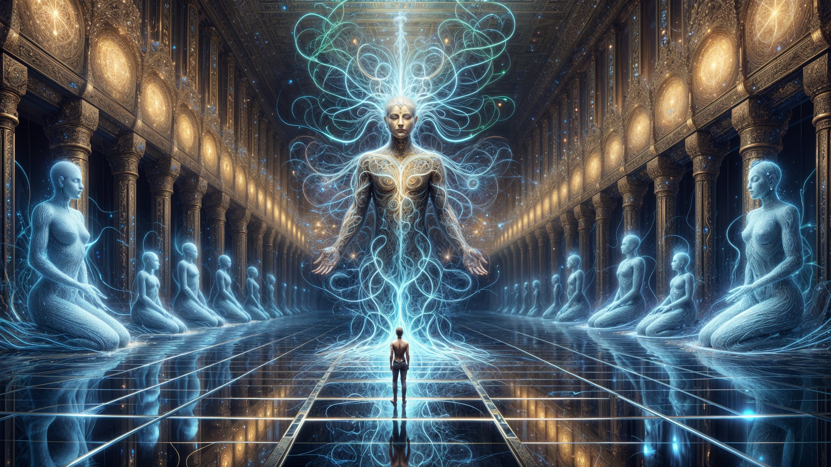 Majestic hall with radiant entity and spiritual themes