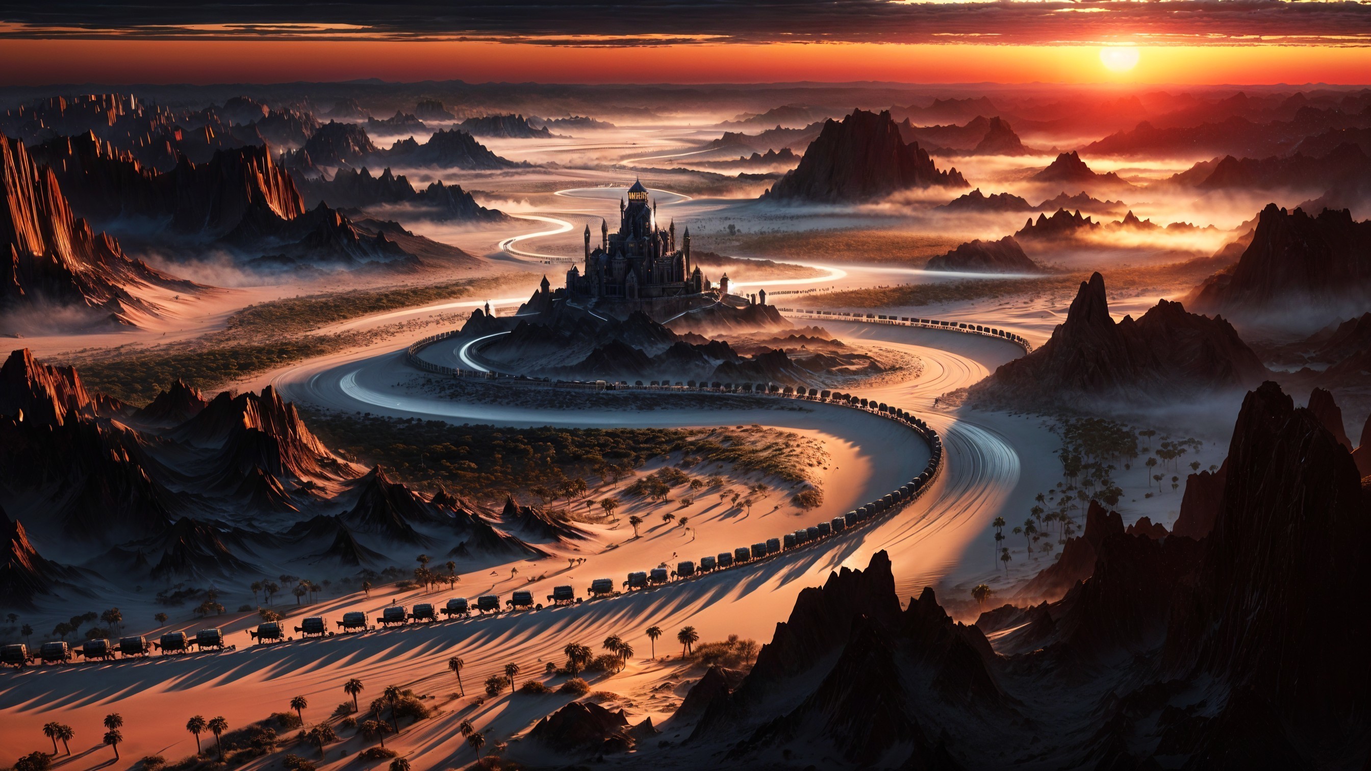 Fantasy Landscape with Castle and Winding River at Sunset