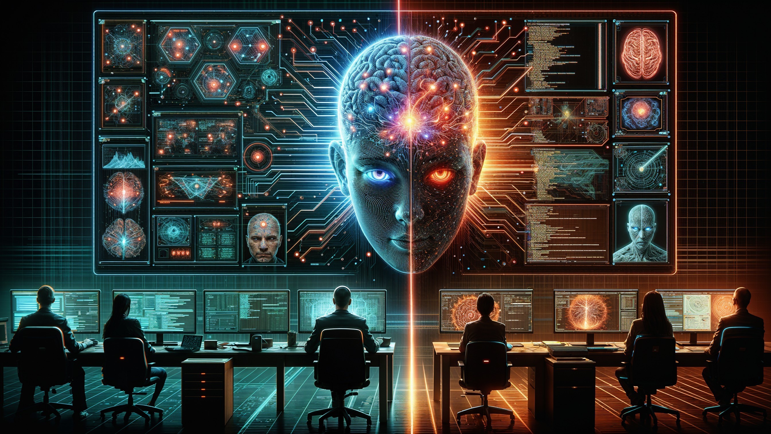 Futuristic Control Room with Holographic Displays and Brain