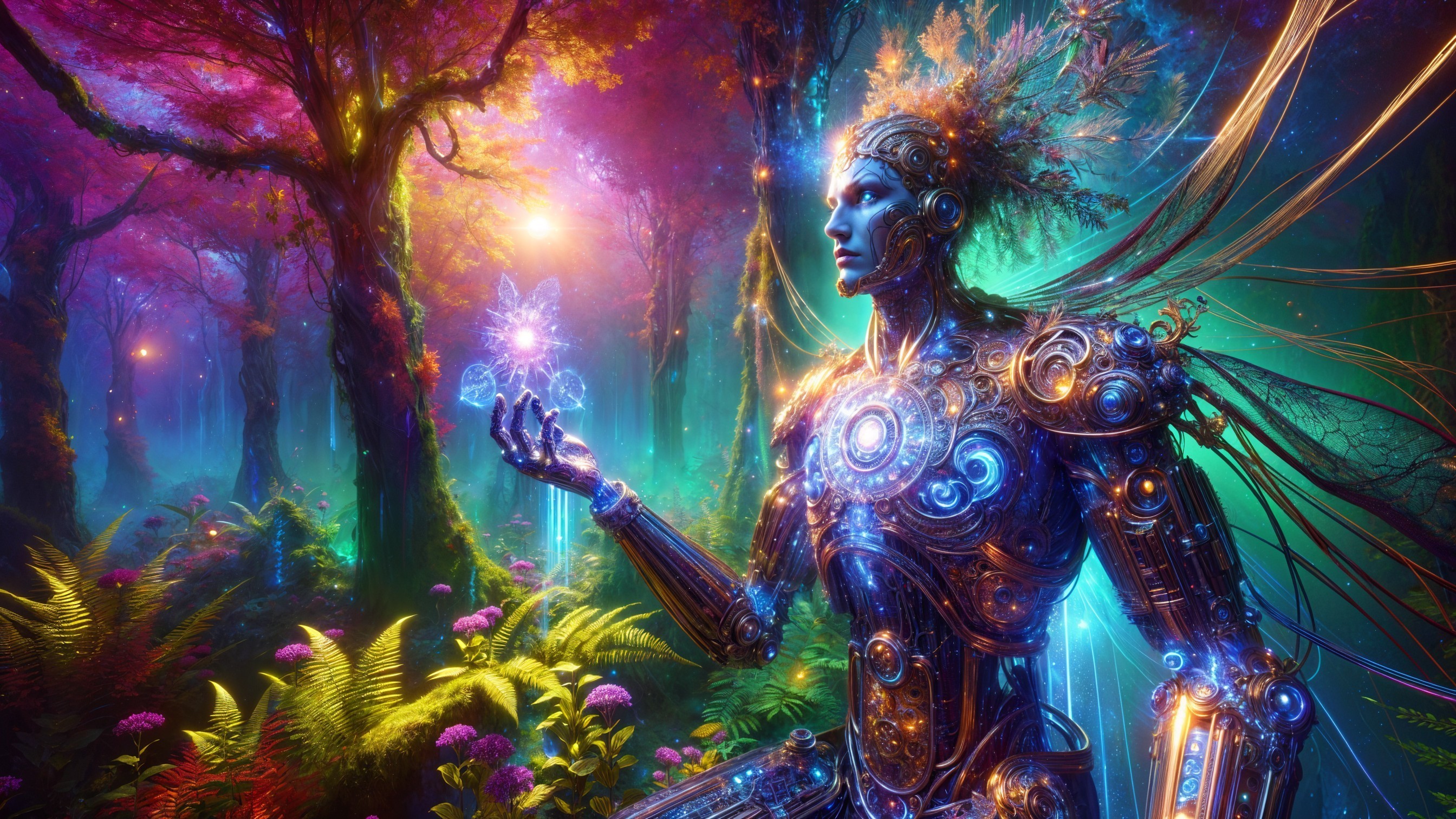 Humanoid Metal Figure in Enchanted Forest Setting