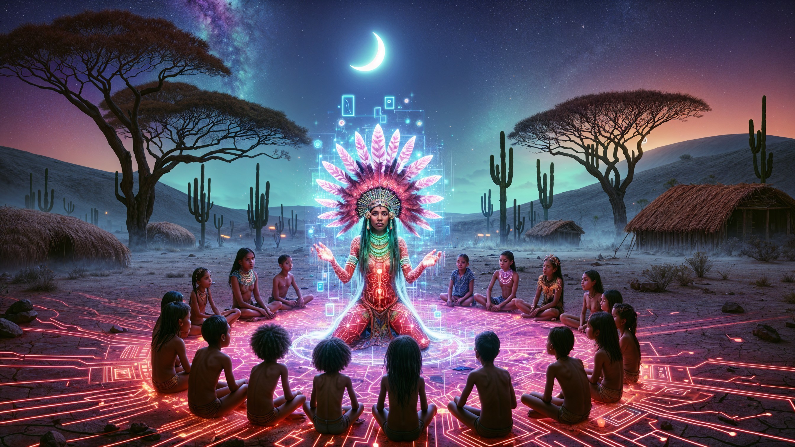 Mystical Desert Scene with Vibrant Deity and Children