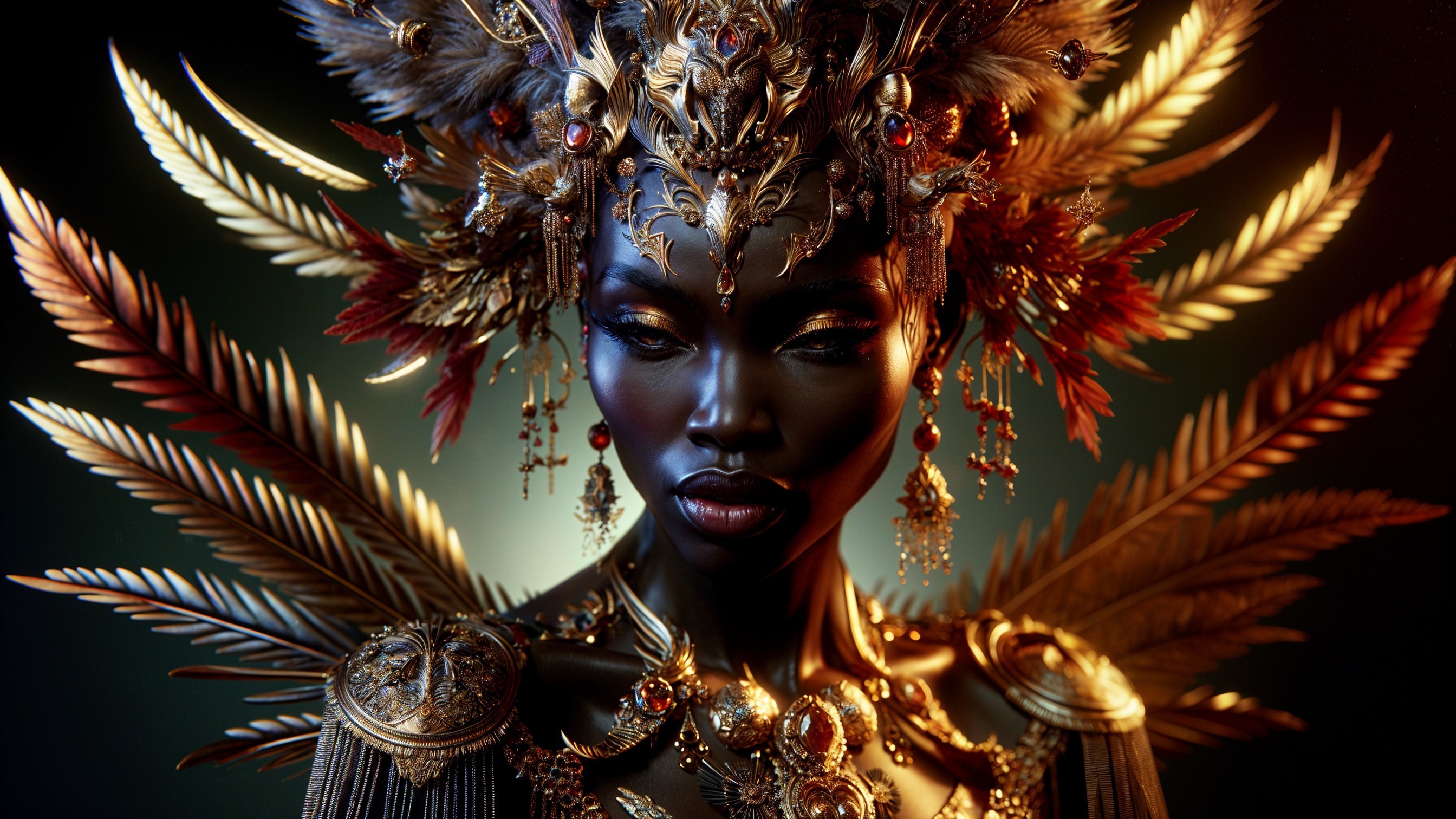 Ornate golden headdress and dramatic lighting details