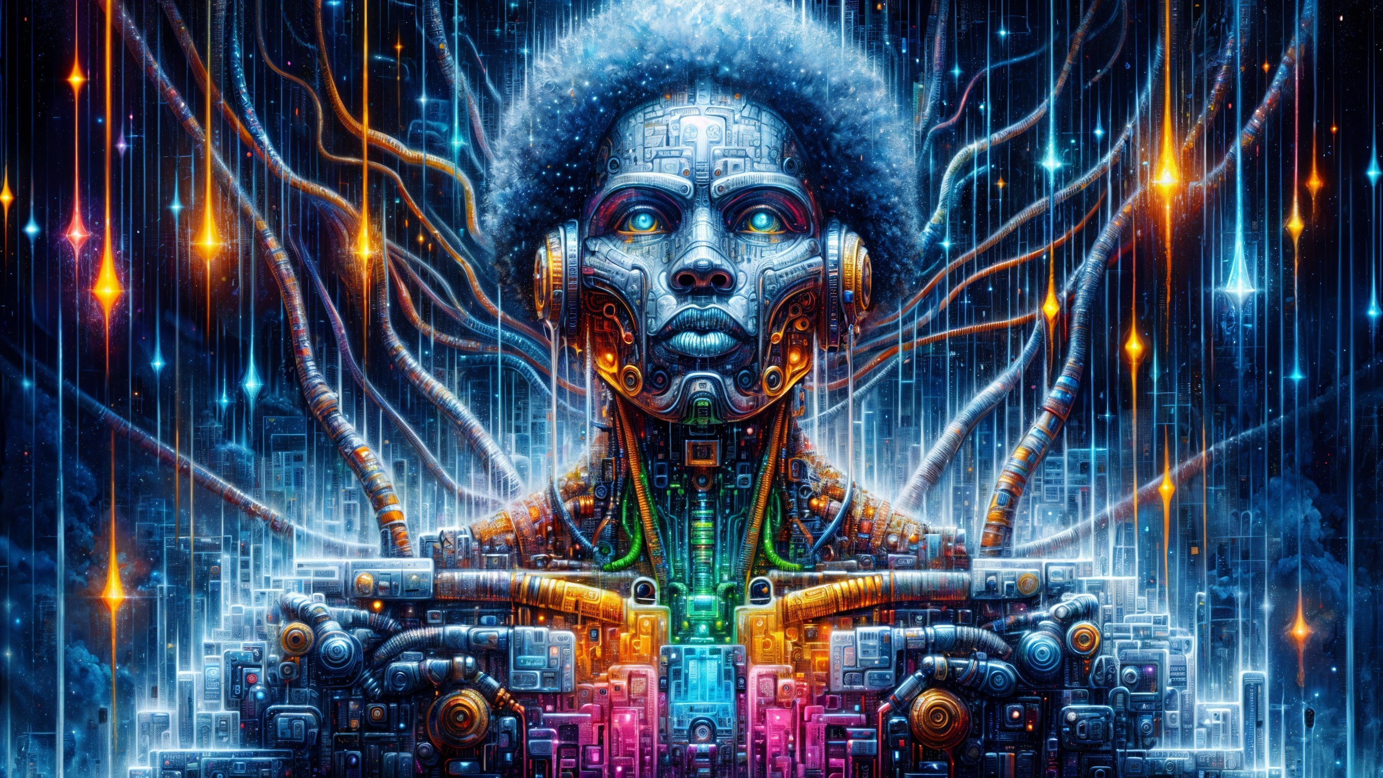 Futuristic humanoid figure with cybernetic features